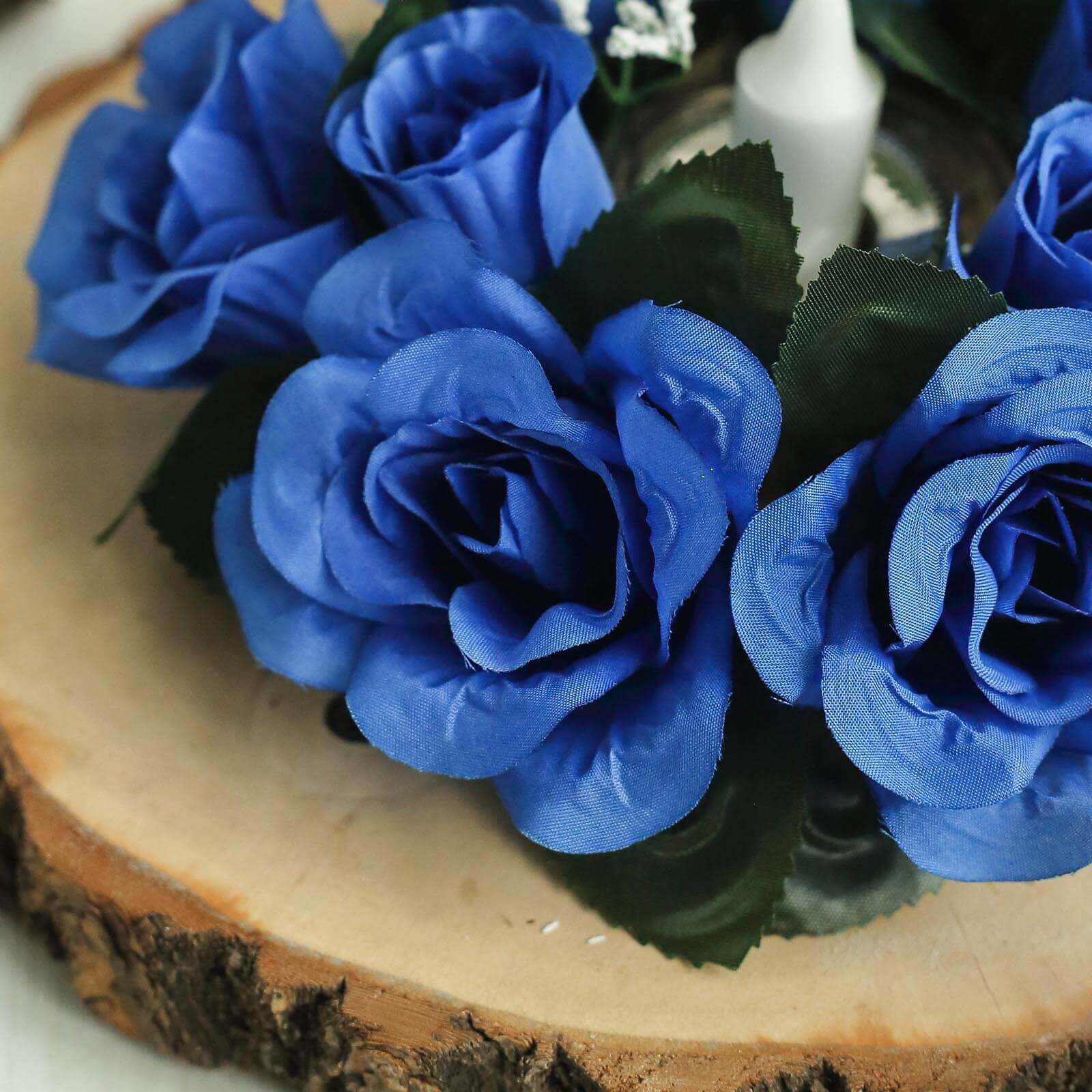 4 Pack 3" Royal Blue Artificial Silk Rose Flower Candle Ring Wreaths