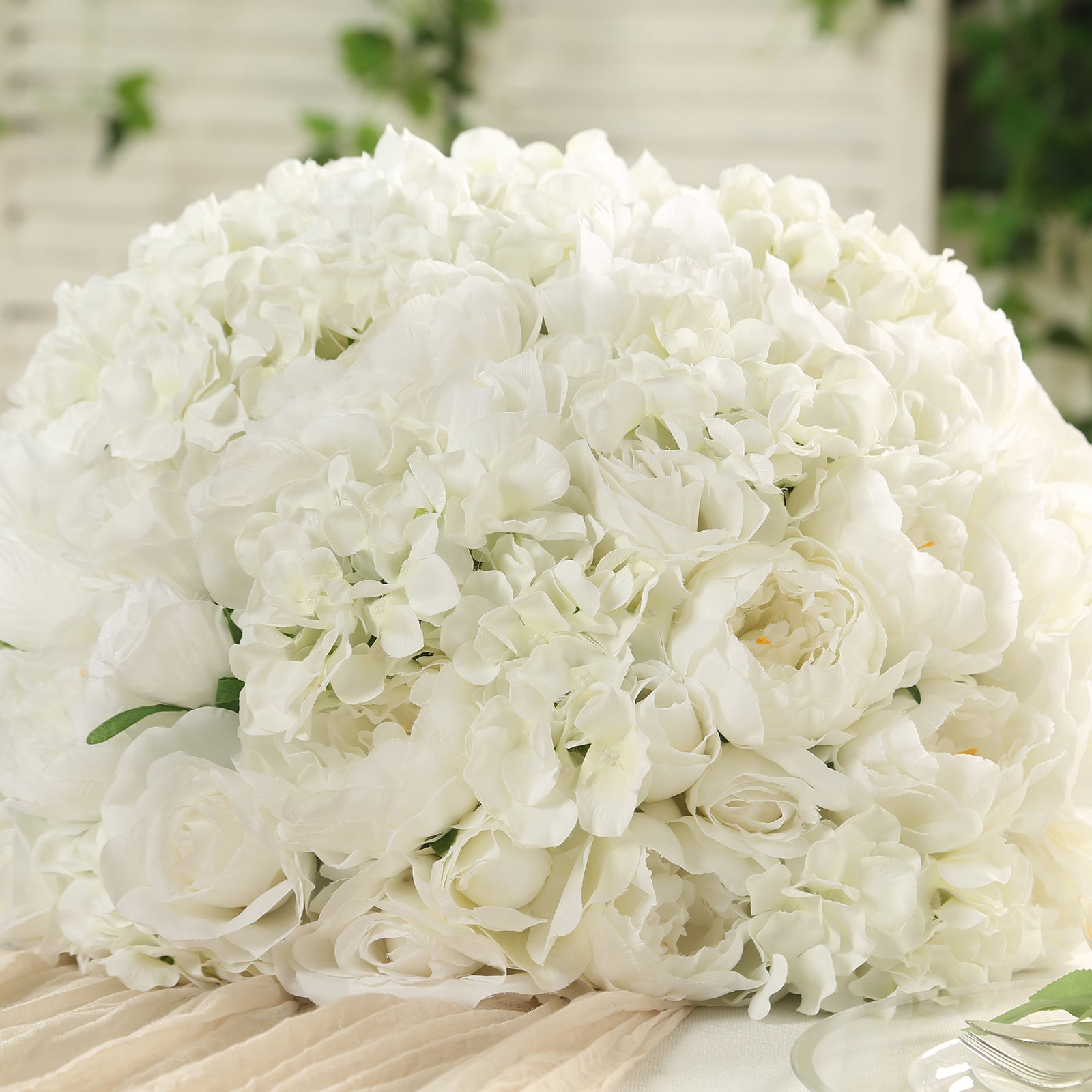 Pre-Arranged Silk Rose Bouquet Floral Arrangement Table Decor, Large Ivory Artificial Rose Flower Balls Wedding Centerpieces - 20"