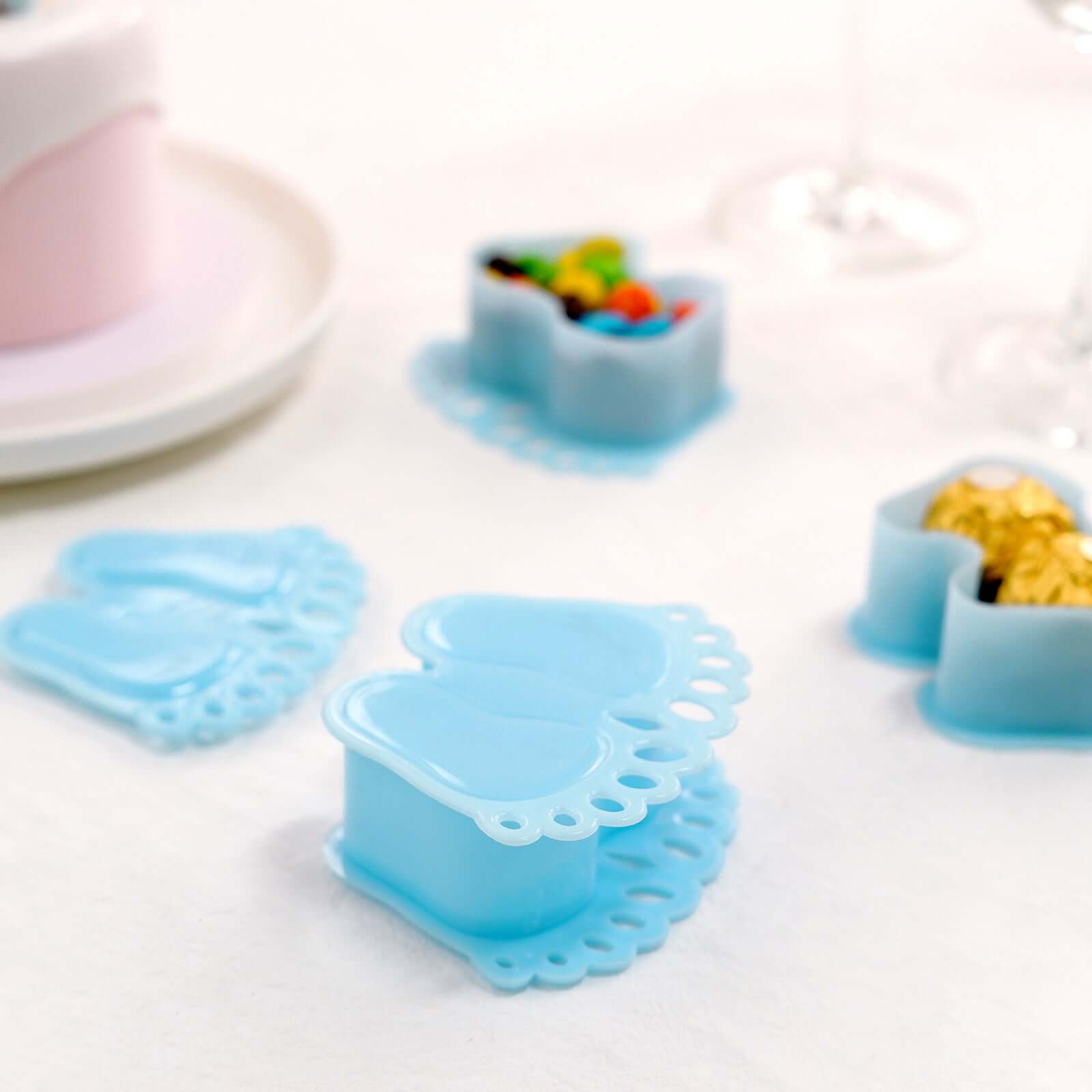 12-Pack Fillable Mini Candy Container in Baby Feet Style Clear/Light Blue - Unique Candy Treat Favor Boxes for Baby Shower 3.5"