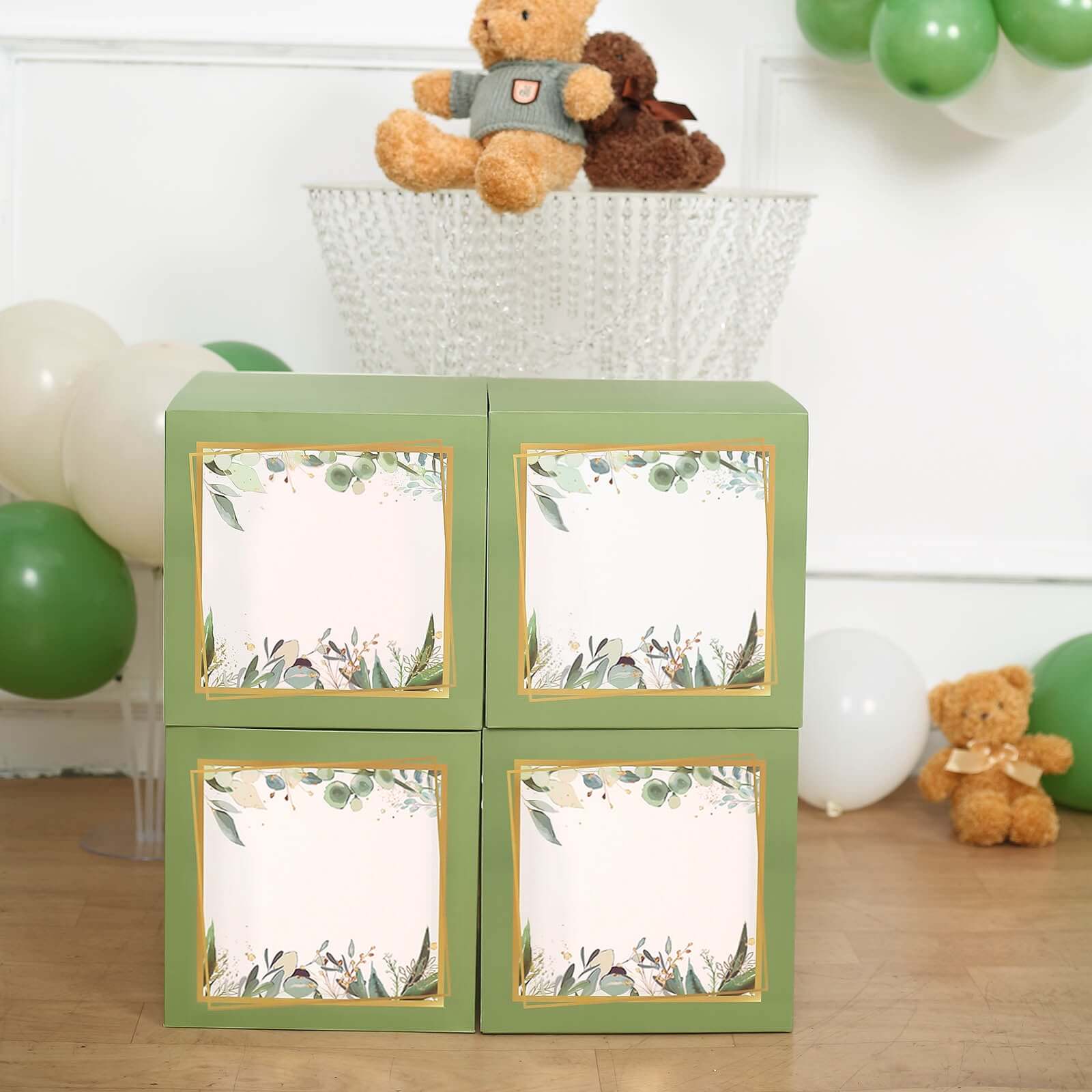 4 Pack Green Foliage Leaves Boho Design DIY Prop Balloon Boxes, Gender Neutral Baby Shower Party Decorations