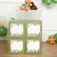 4 Pack Green Foliage Leaves Boho Design DIY Prop Balloon Boxes, Gender Neutral Baby Shower Party Decorations