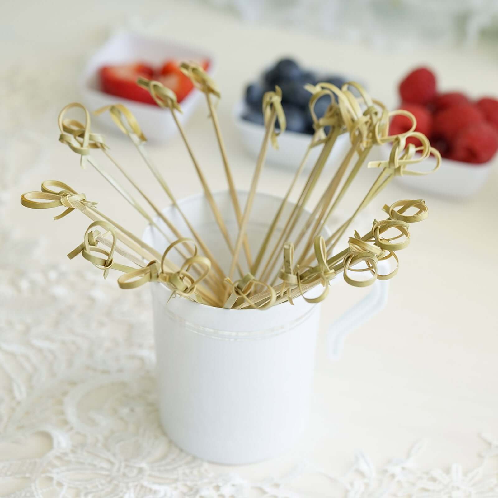 100-Pack Bamboo Cocktail Sticks Twisted Knot Decorative Top Design - Eco Friendly Party Picks 6"