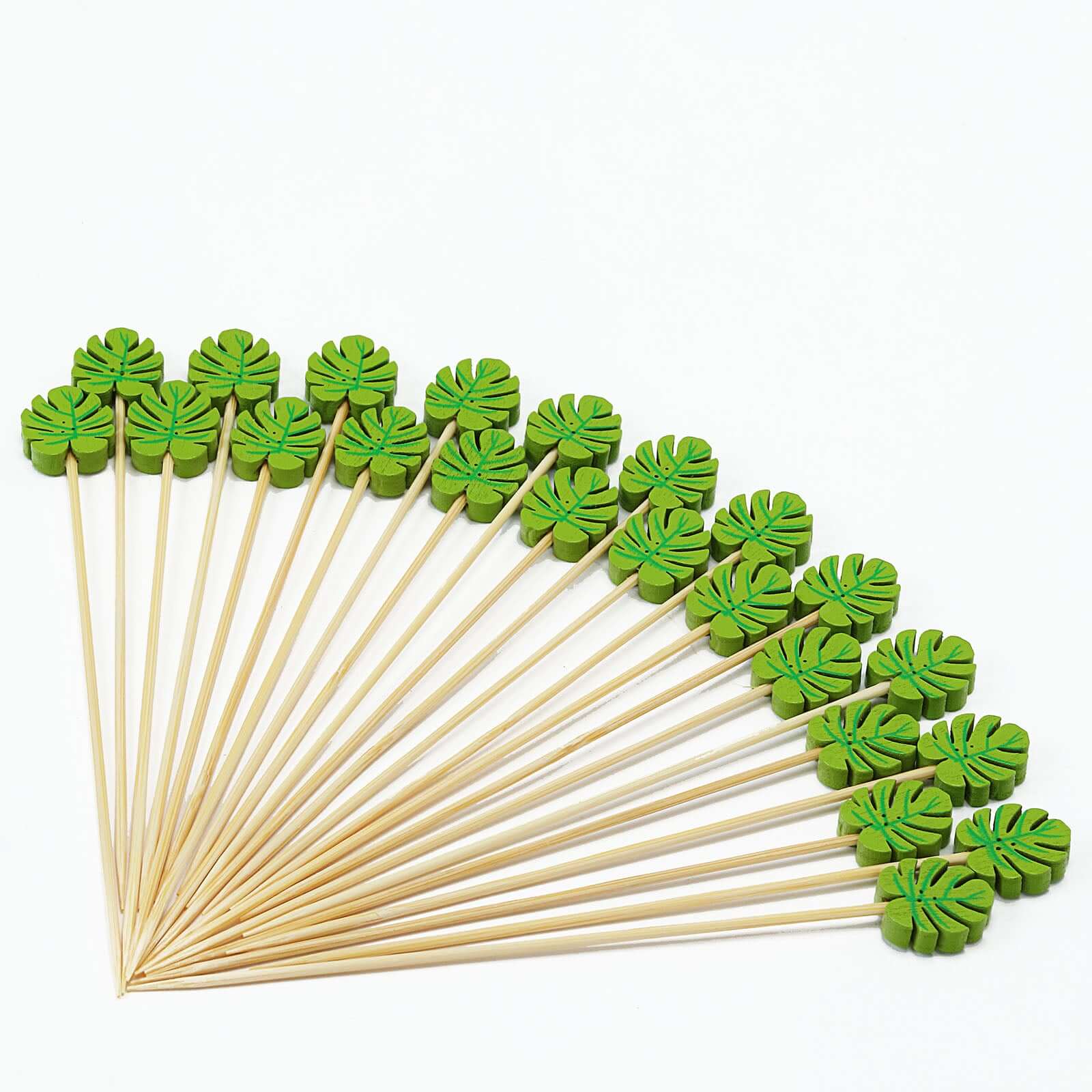 100-Pack Bamboo Cocktail Sticks Tropical Leaf Decorative Top Design - Eco Friendly Party Picks 5"