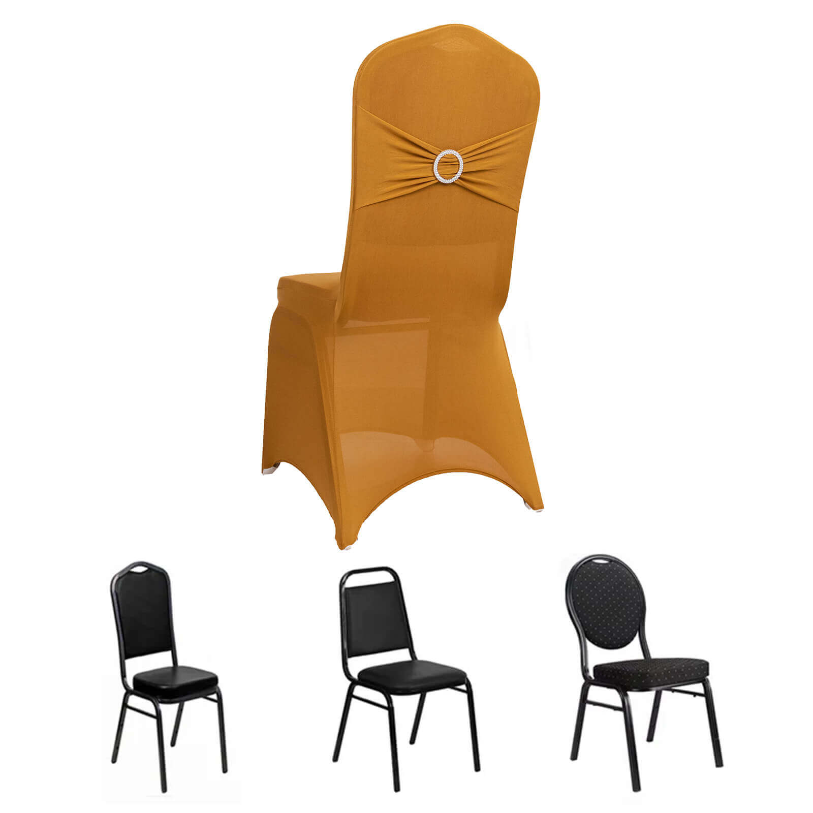 Spandex Chair Cover with Gold Rhinestone Buckled Sash Band Blush - Stylish Stretch Fitted Slipcover for Banquets & Events