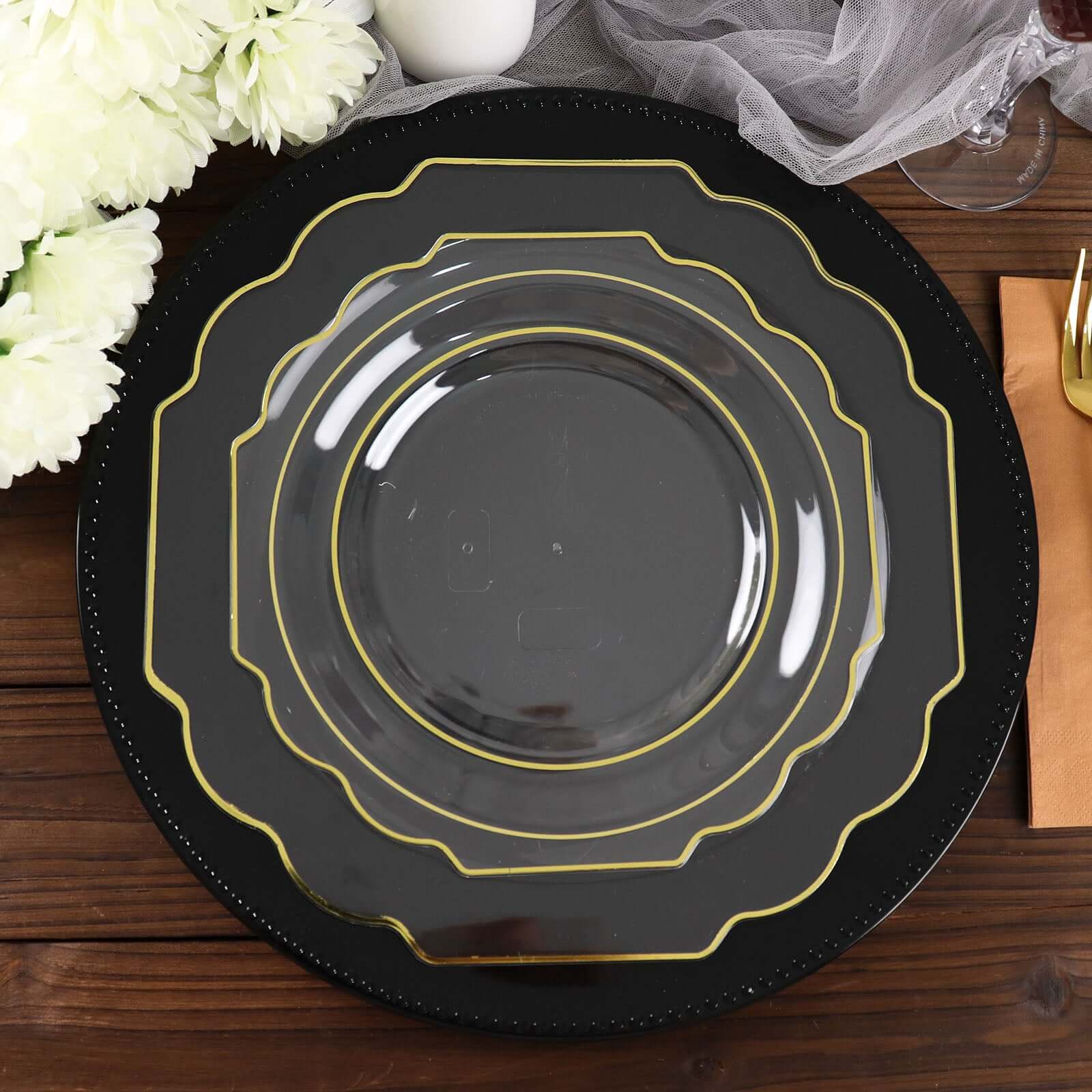 10-Pack Plastic Dessert Appetizer Plates in Clear Baroque Design with Scalloped Gold Rim - Heavy Duty Disposable Salad Plates 8"