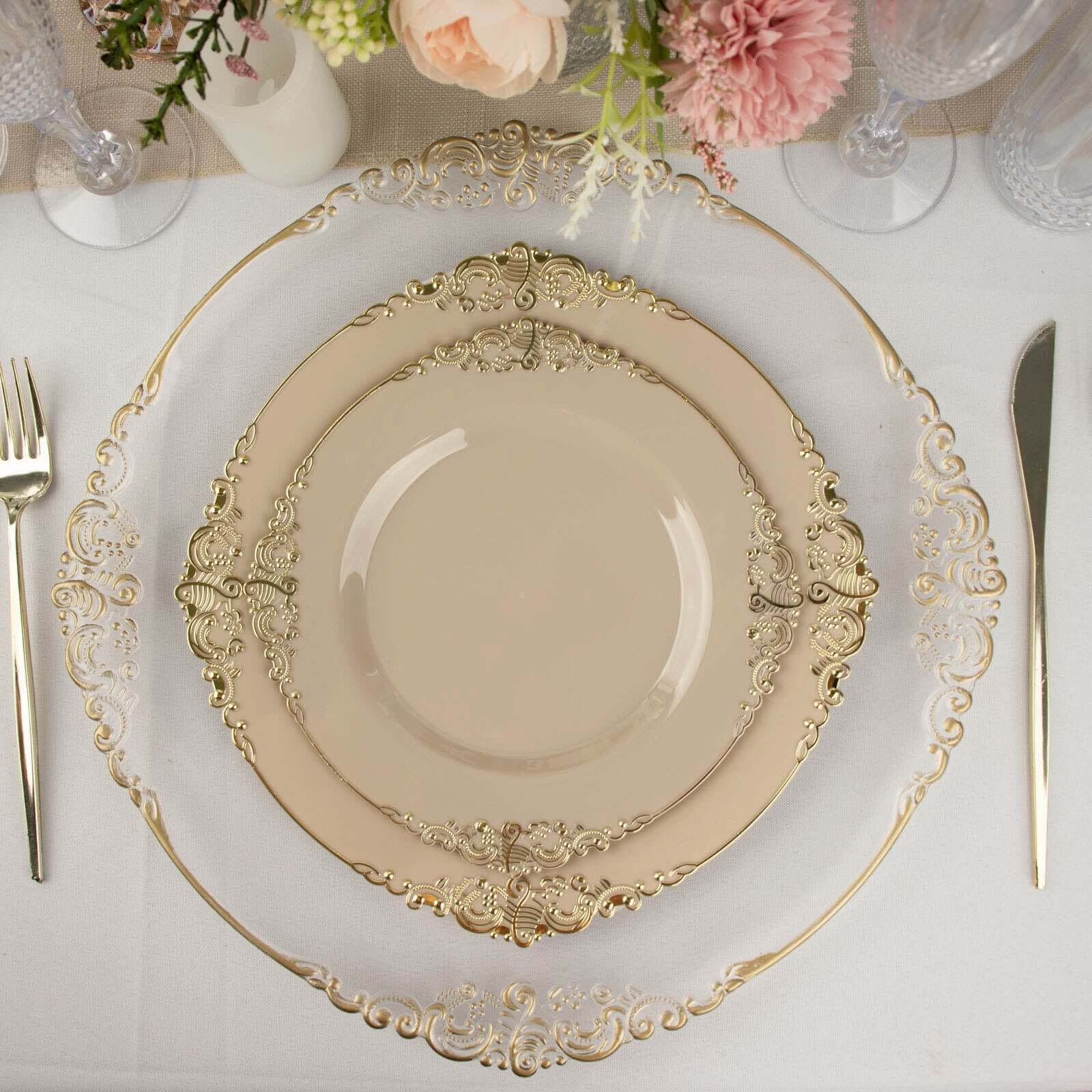 10-Pack Plastic 8" Round Dessert Plates in Taupe with Gold Leaf Embossed Rim - Disposable Vintage Baroque Style Salad Plates