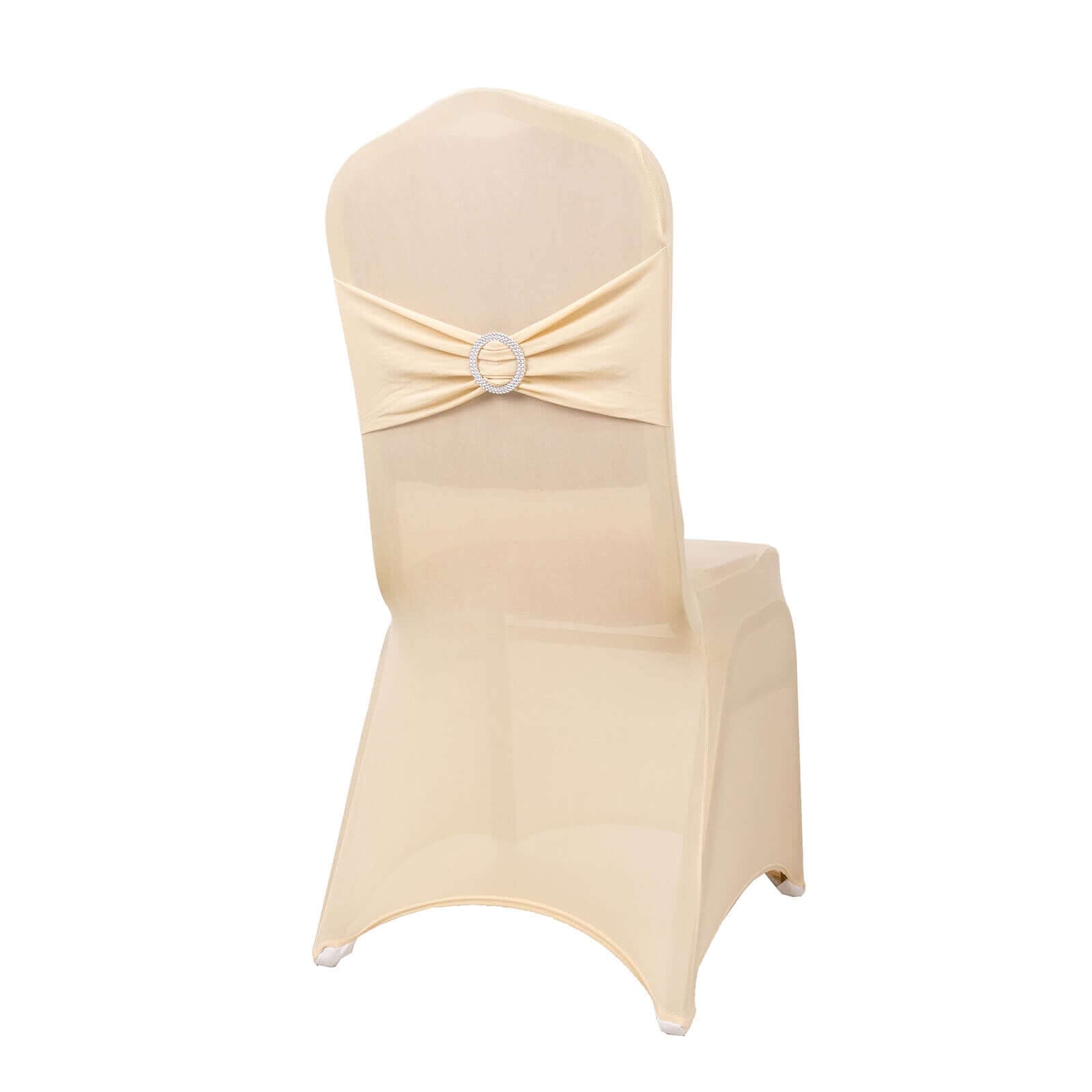Spandex Chair Cover with Beige Rhinestone Buckled Sash Band Blush - Stretch Fitted Slipcover