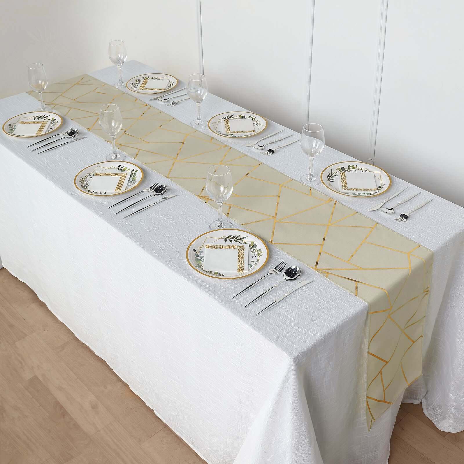 Polyester 9ft Table Runner Beige with Gold Foil Modern Geometric Accent