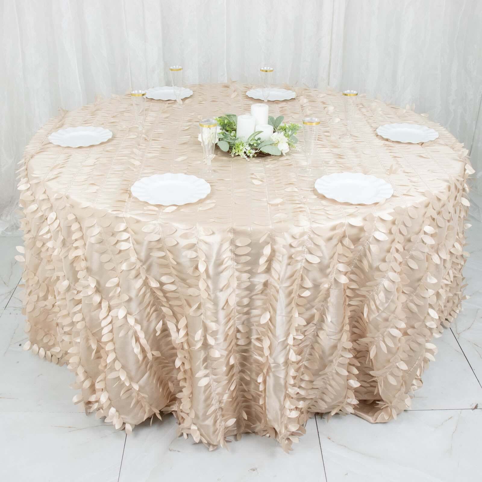Taffeta 132" Round Tablecloth Beige 3D | 3D Leaf Petal Design Seamless Table Cover
