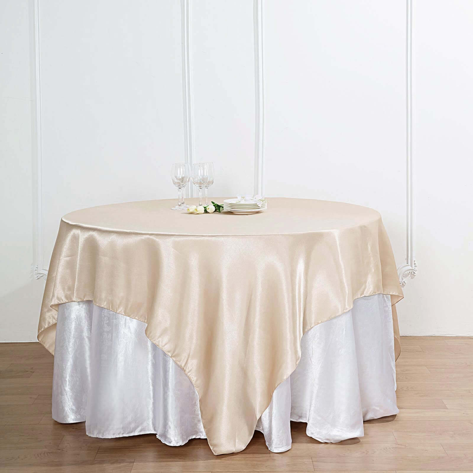 Satin 90"x90" Table Overlay Square Tablecloth Beige - Smooth Finish Table Topper