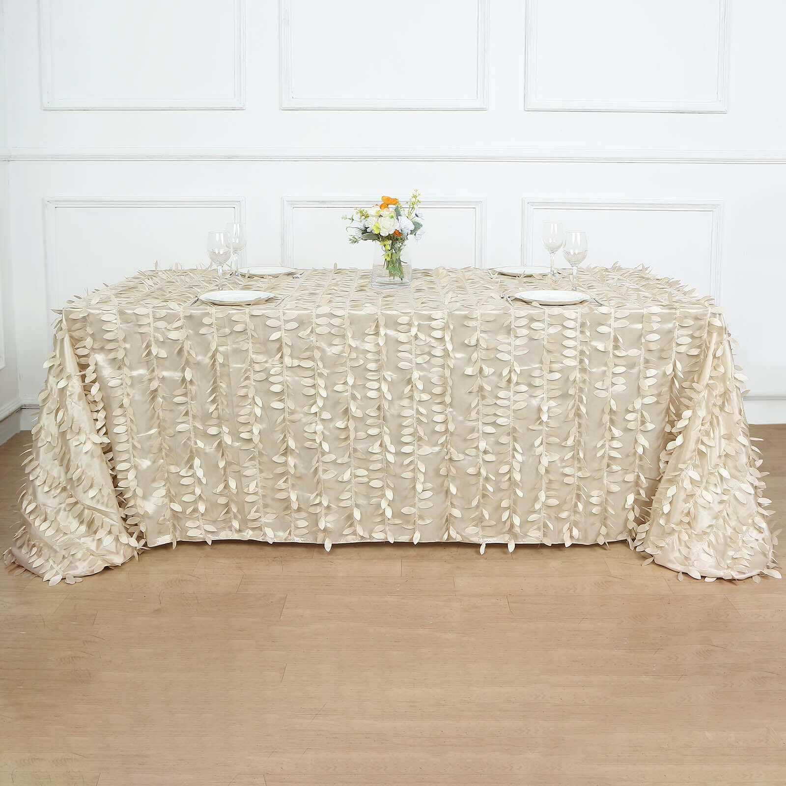 Taffeta 90"x156" Rectangle Tablecloth Beige | 3D Leaf Petal Design Seamless Table Cover