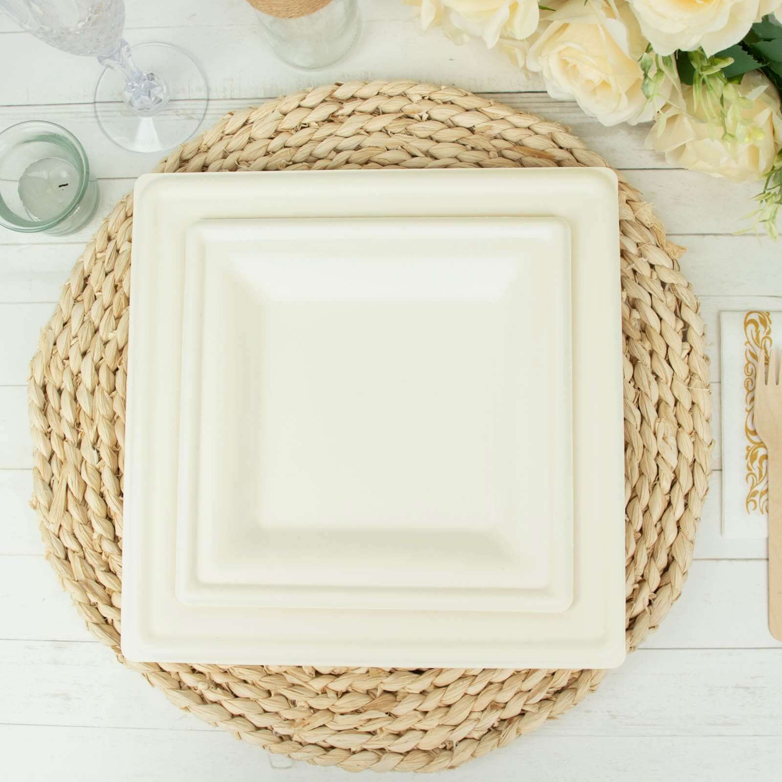 50-Pack Bagasse 8" Square Dessert Plates White with Wide Rim - Eco Friendly Sugarcane Appetizer/Salad Plates for Parties & Events