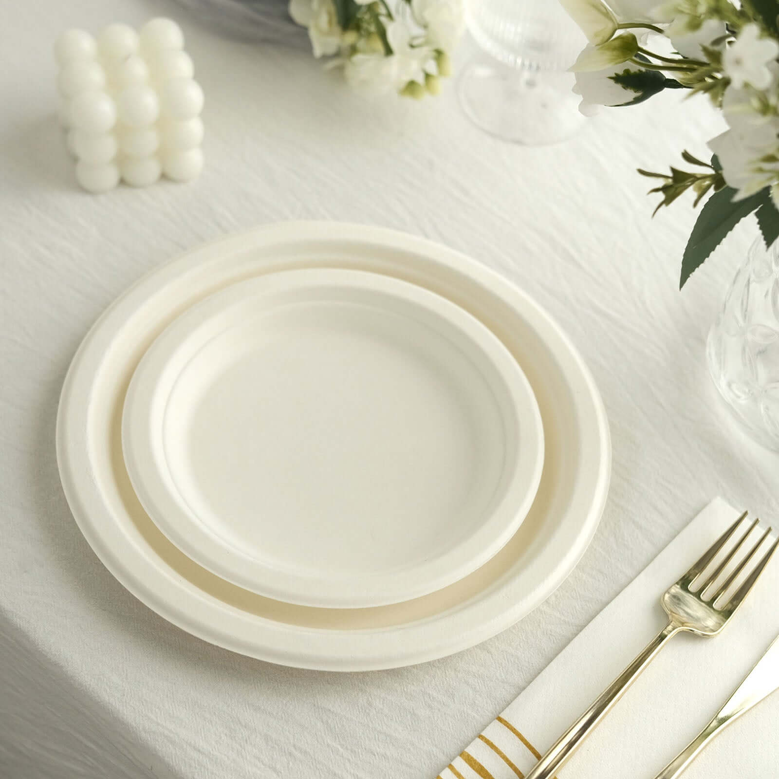 50-Pack Bagasse 7" Round Dessert Plates in White - Biodegradable Disposable Sugarcane Appetizer Salad Plates for Outdoor Celebrations & Picnics