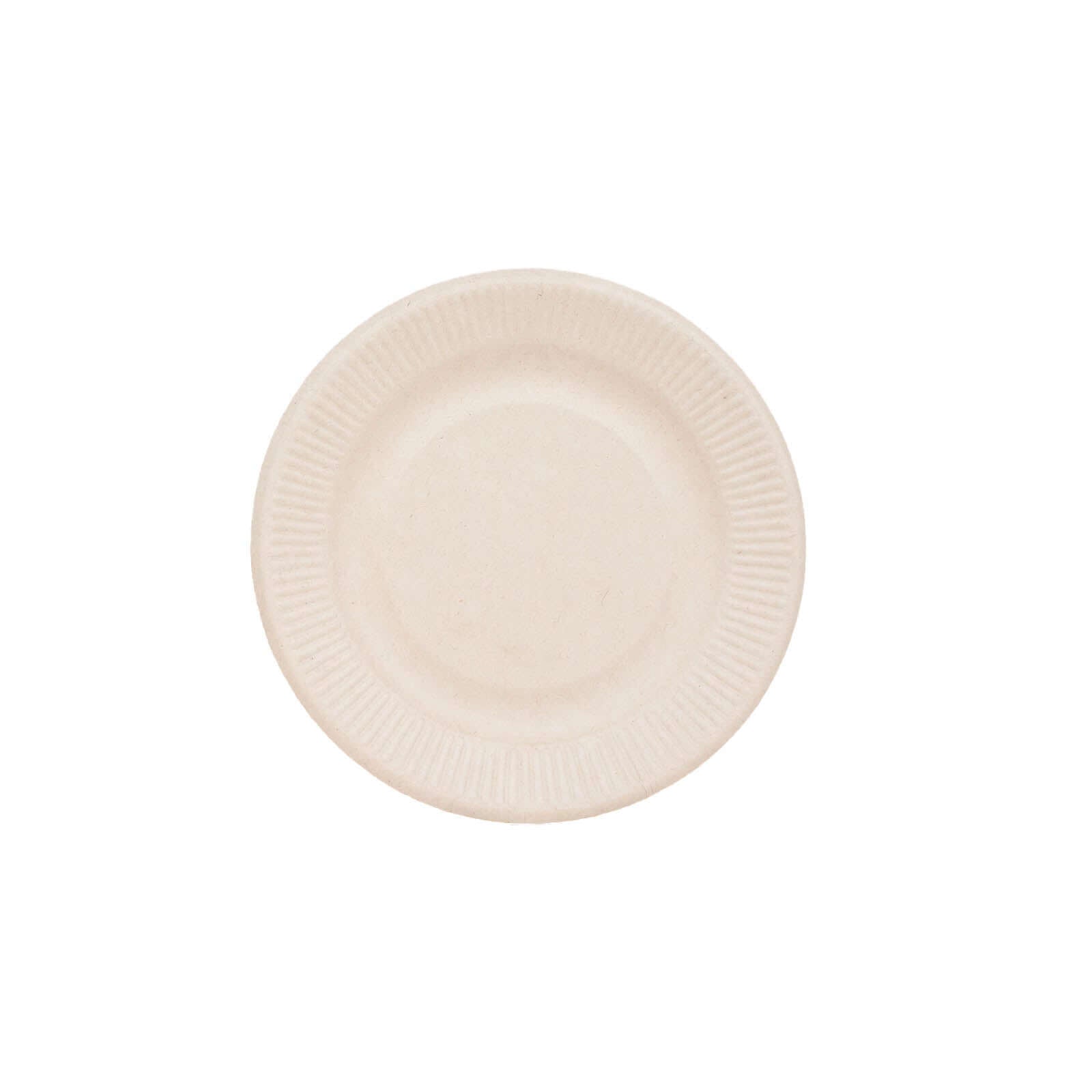 50-Pack Bagasse 8" Round Dessert Plates in Natural with Ribbed Rim