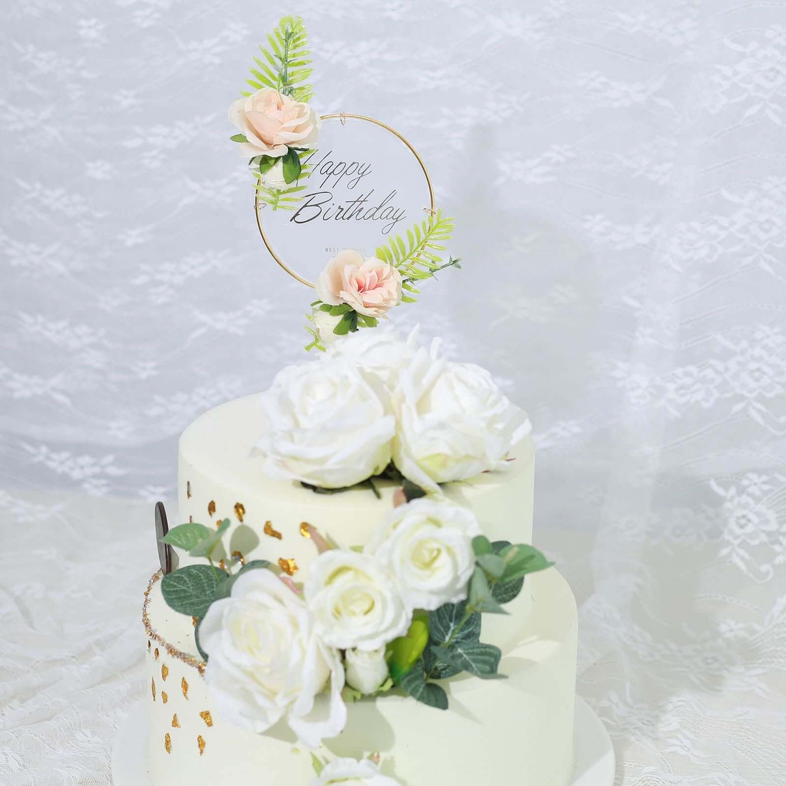 3 Pcs Happy Birthday Cake Toppers with Gold Metal Frames & Clear Acrylic Panels - Charming Reusable Cake Decorations with Stylish Silk Flower Accents