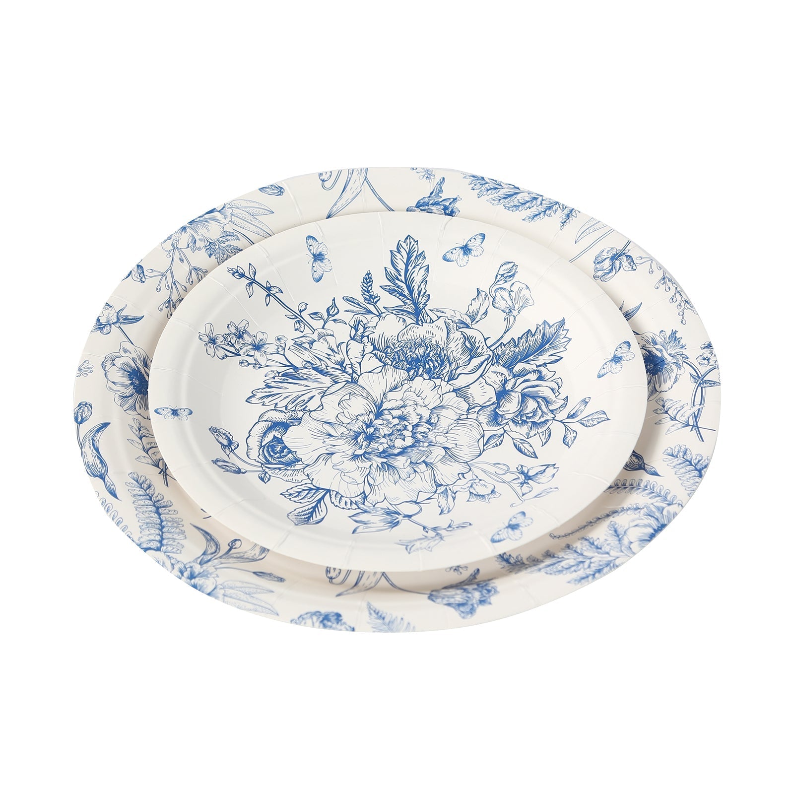 50-Pack Paper Round Dessert and Dinner Plates in White with Blue French Toile Pattern - Vintage Style Disposable Party Plates Set for High Tea Events & Classy Occasions 7", 9"