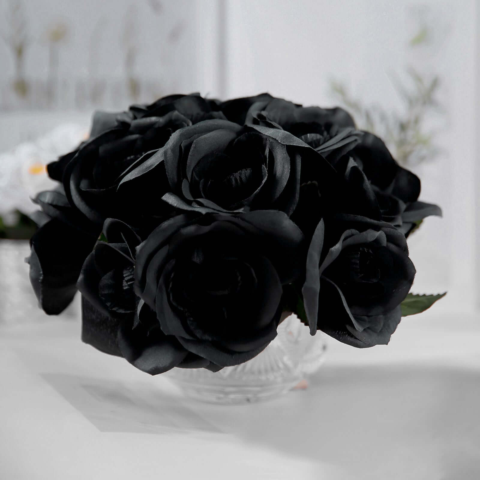 12" Black Artificial Velvet-Like Fabric Rose Flower Bouquet Bush