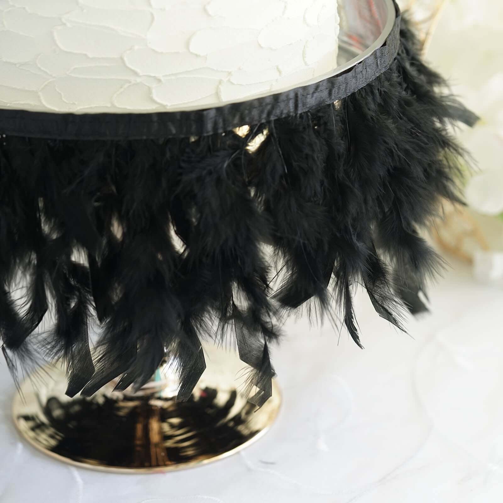 39" Black Real Turkey Feather Fringe Trim With Satin Ribbon Tape