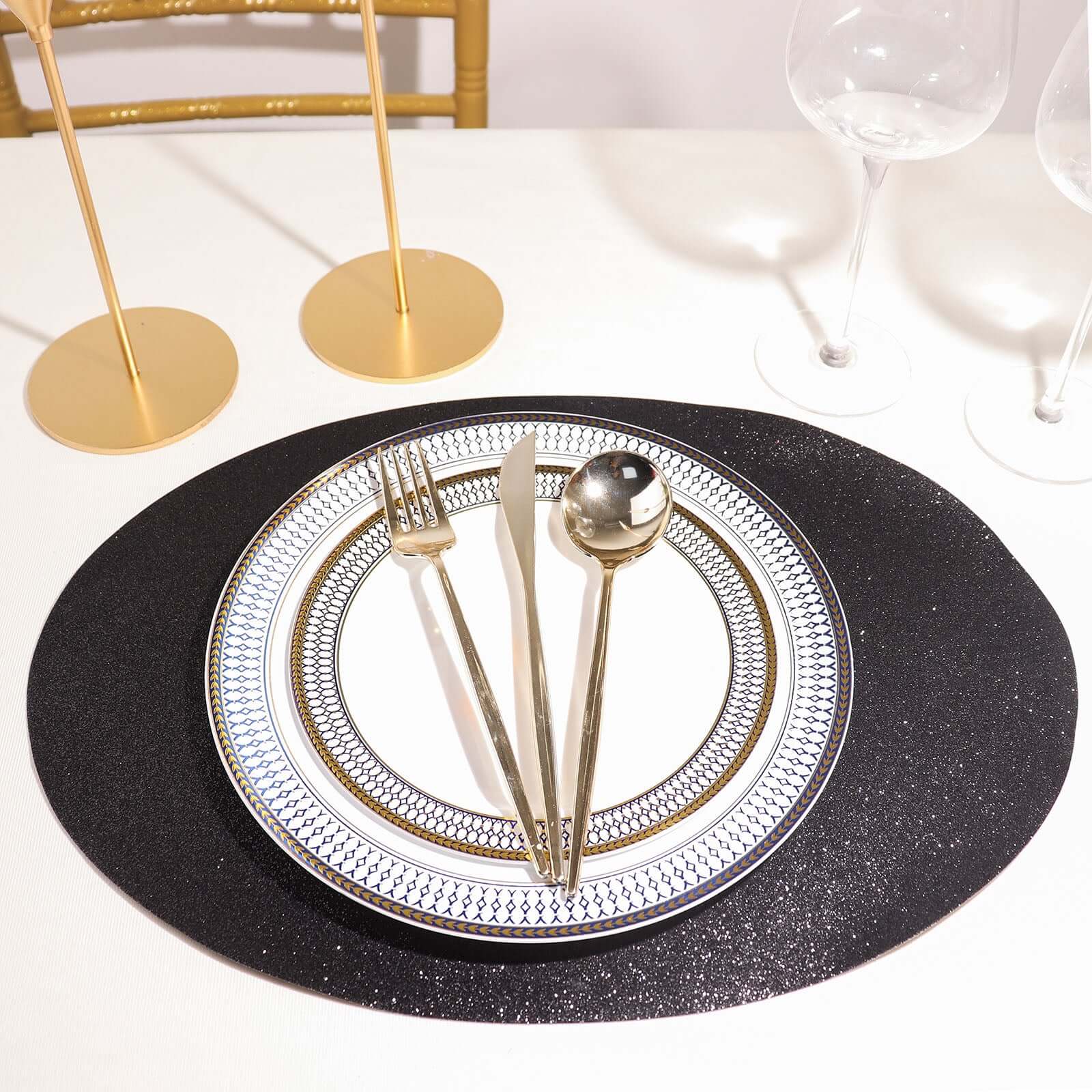 6-Pack Placemats Glitter Design Black Sparkle Oval - Non-Slip Decorative Table Mats for Dining 12"x18"