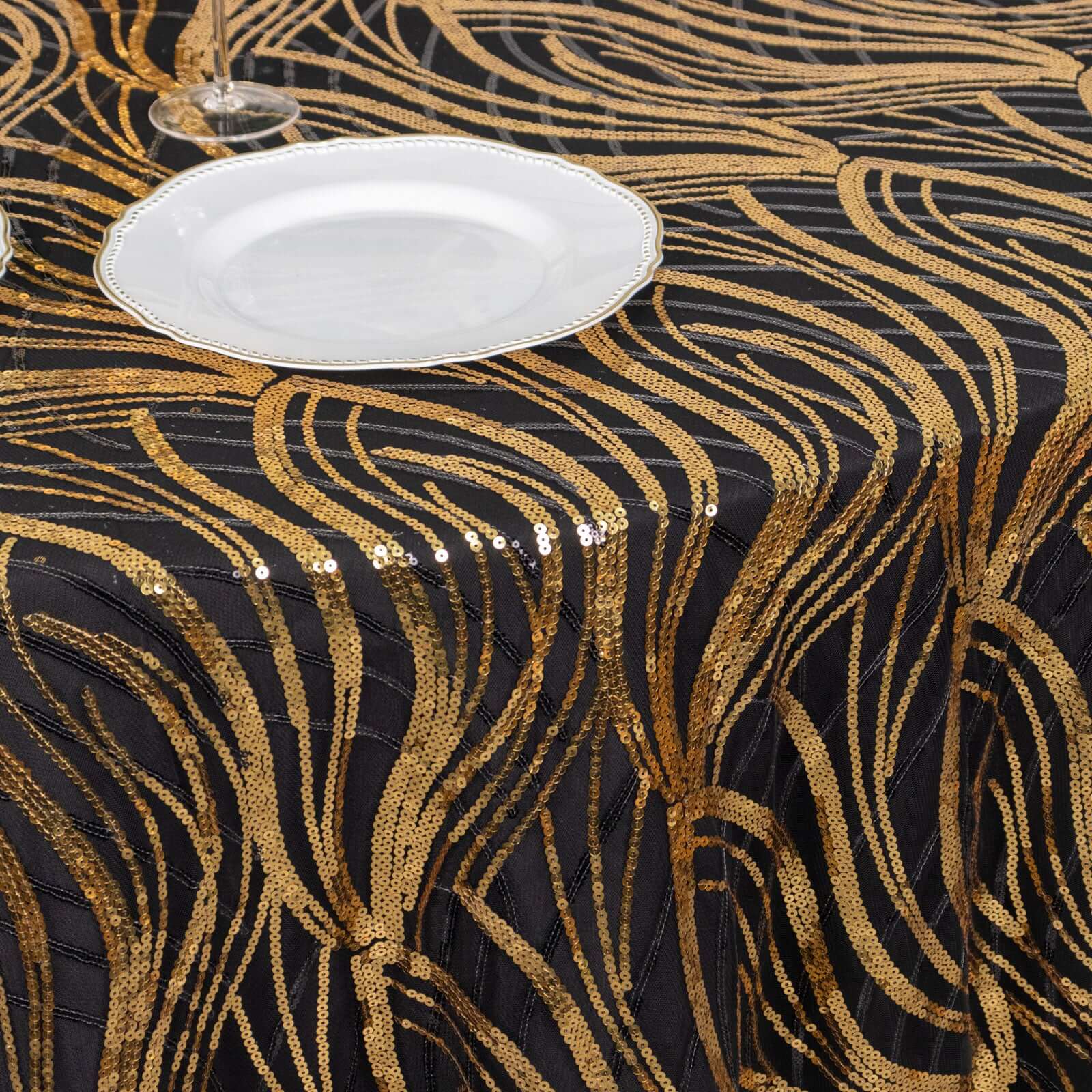 Sequin Mesh 120" Round Tablecloth Black/Gold - Seamless Wave Embroidered Table Cover