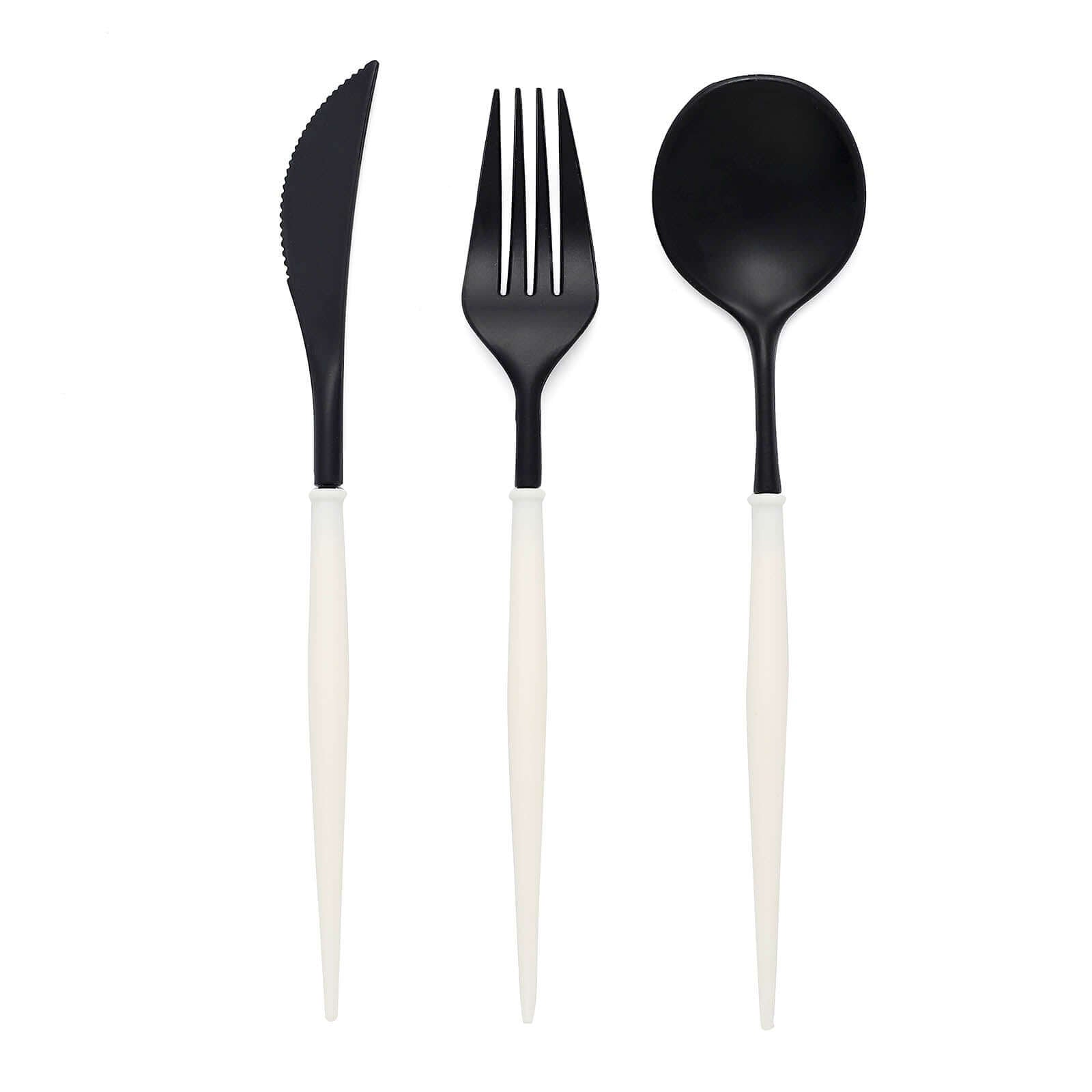 24-Pack Plastic Flatware Set in Black with Ivory Handle - Heavy Duty Disposable Modern Silverware 8"