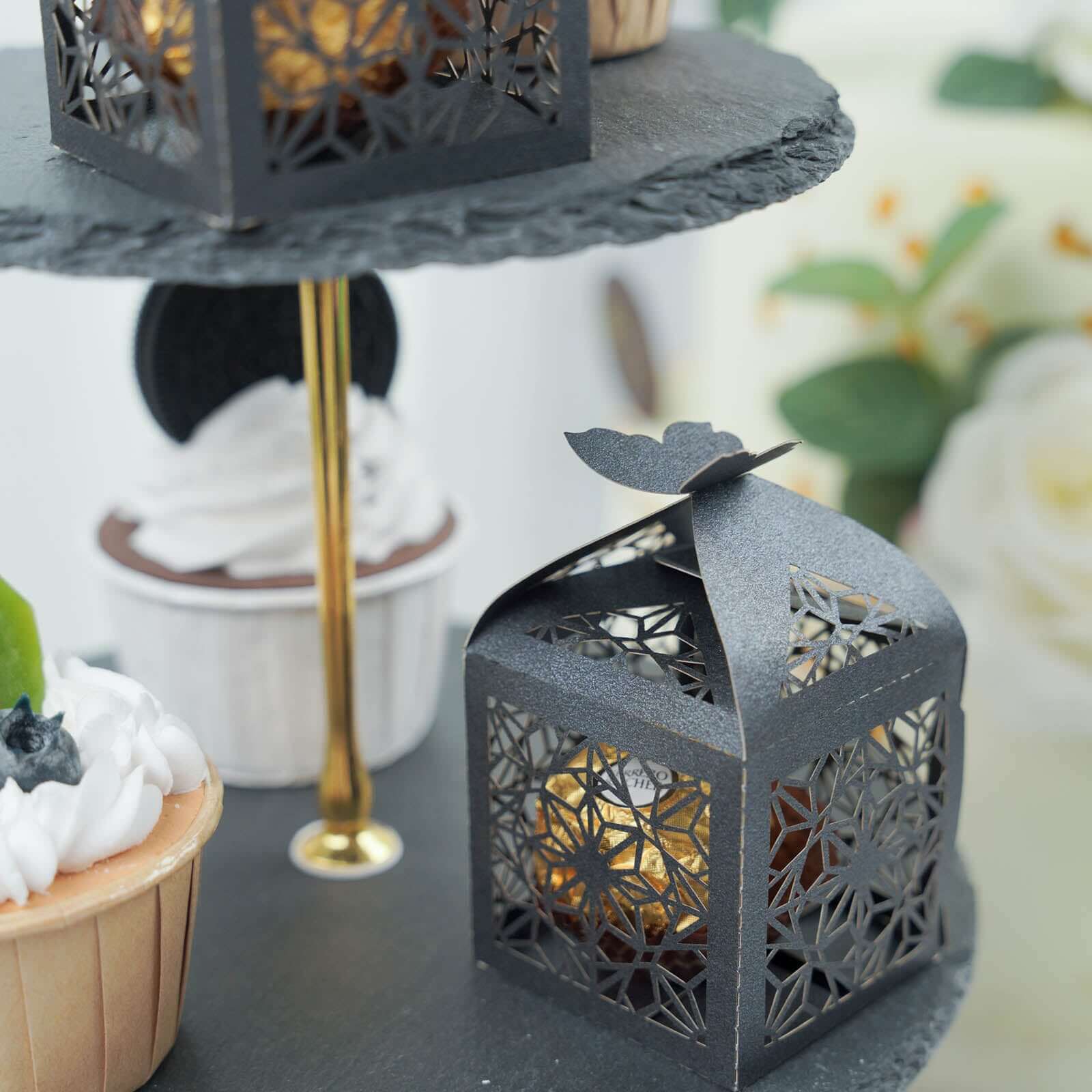 25 Pack Black Butterfly Top Laser Cut Lace Favor Candy Gift Boxes