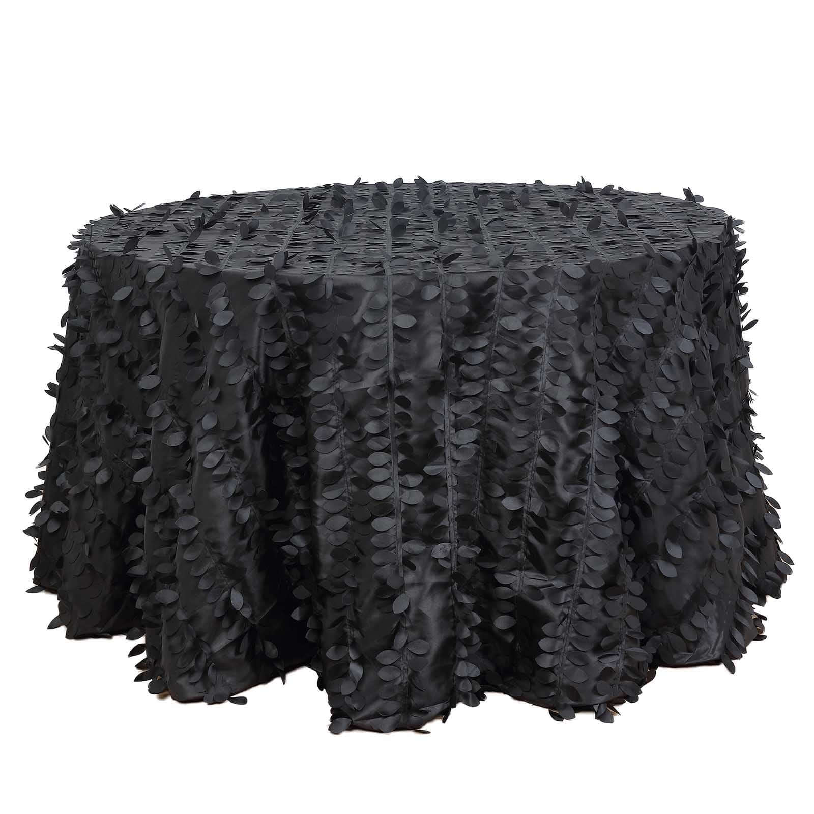 Taffeta 120" Round Tablecloth Black Leaf | 3D Leaf Petal Design Seamless Table Cover