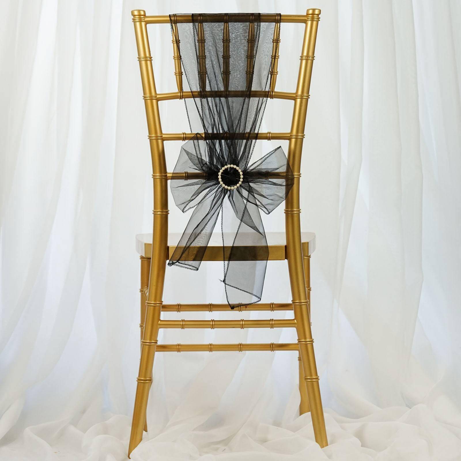 5 Pack Organza Chair Sashes Black - Timeless Reusable Sheer Chair Bows for Chic Events 6"x108"