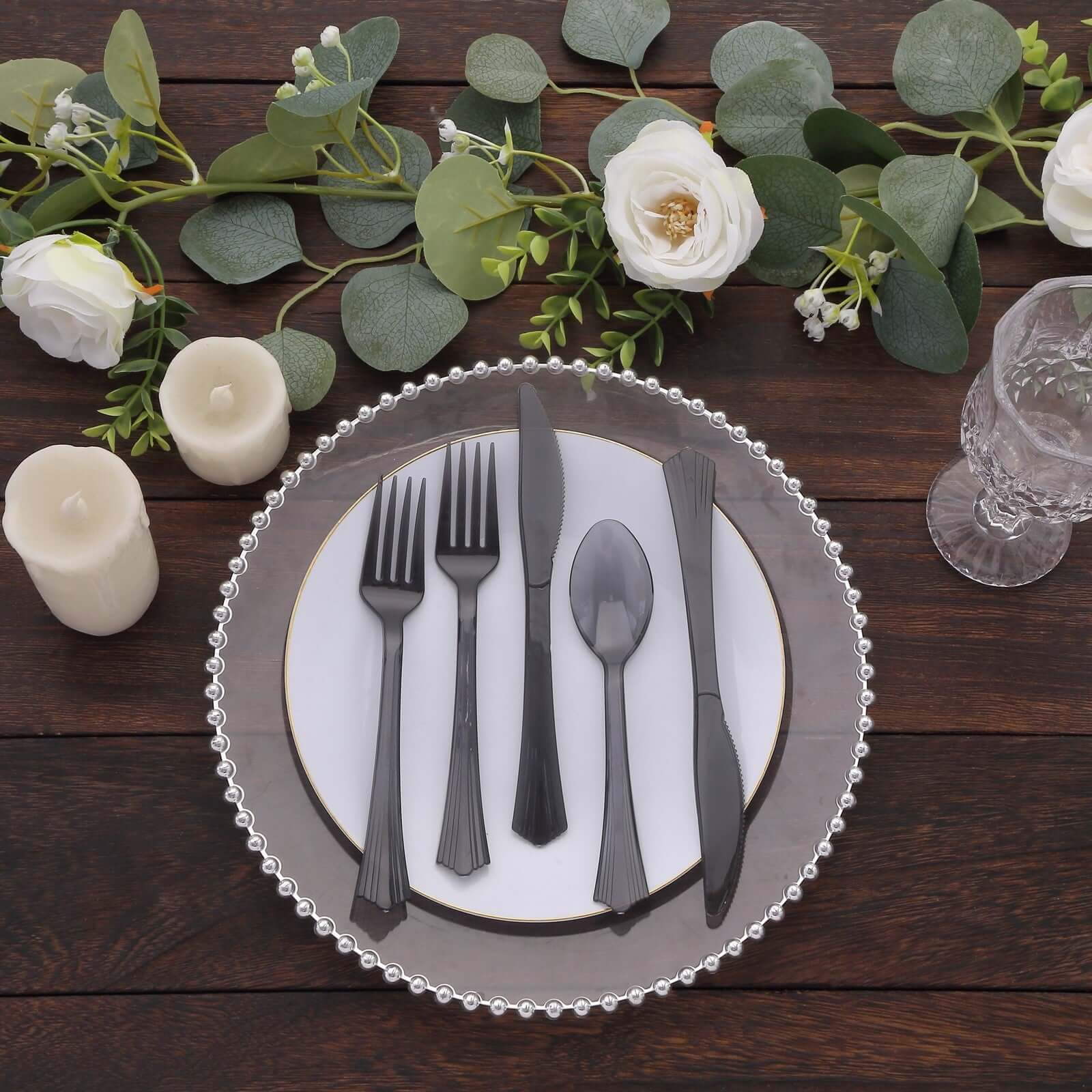 24-Pack Plastic Silverware Set with Fan Flared Tip Handle Transparent Black - Heavy Duty Disposable Utensils 7"