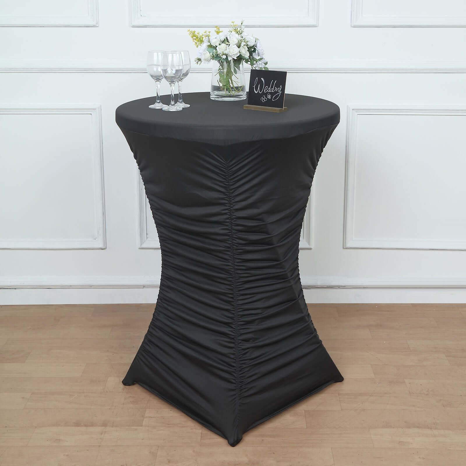 Heavy Duty Spandex 32" Fitted Round Cocktail Table Cover Black Ruched Pleated - Durable Stretch Design