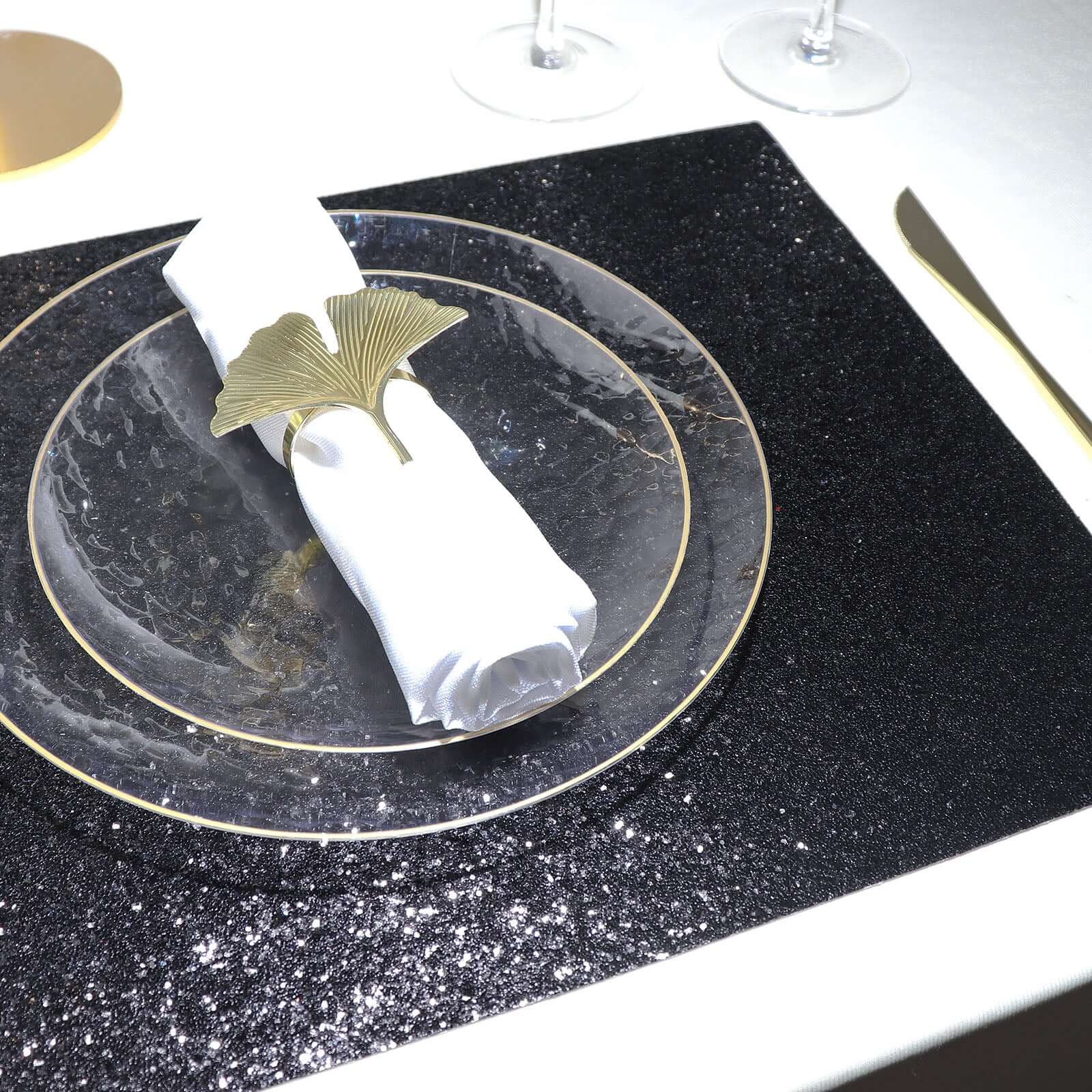 6-Pack Placemats Glitter Design Black Sparkle Rectangle - Non-Slip Decorative Dining Table Mats 12"x18"