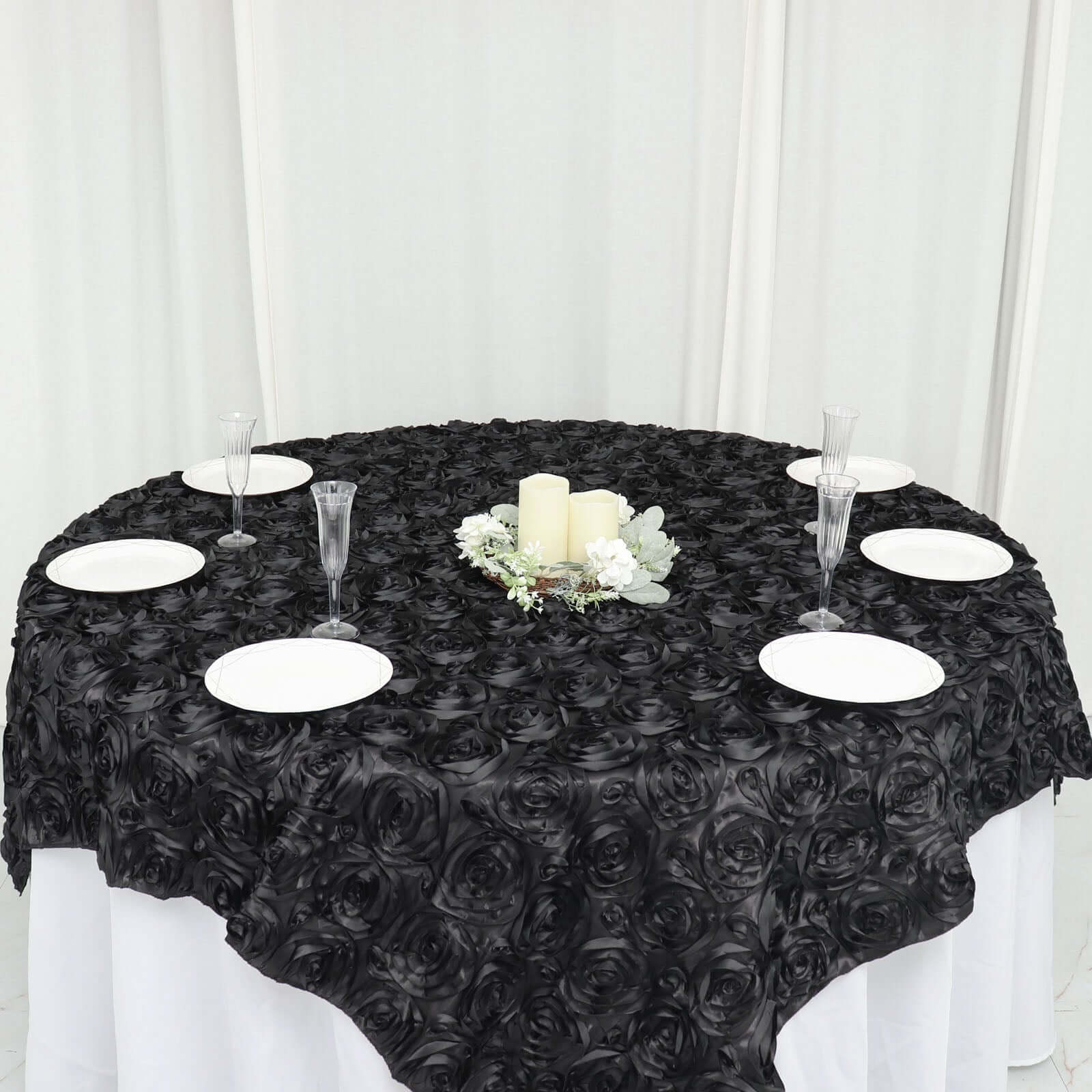 Satin 72"x72" Table Overlay Square Tablecloth Black - 3D Rosette Design for Stylish Occasions