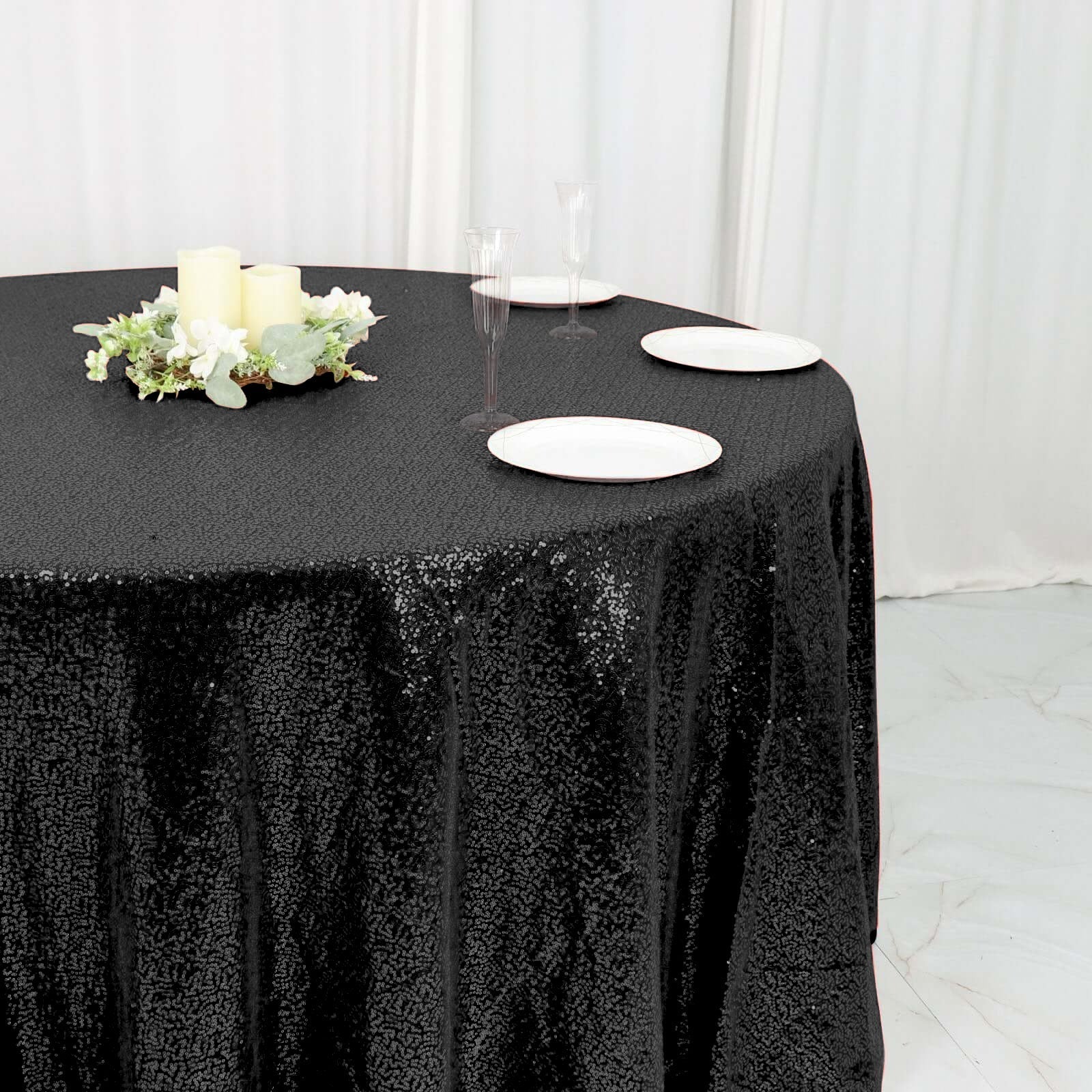 Sequin 120" Round Tablecloth Black - Seamless Glittering Table Cover