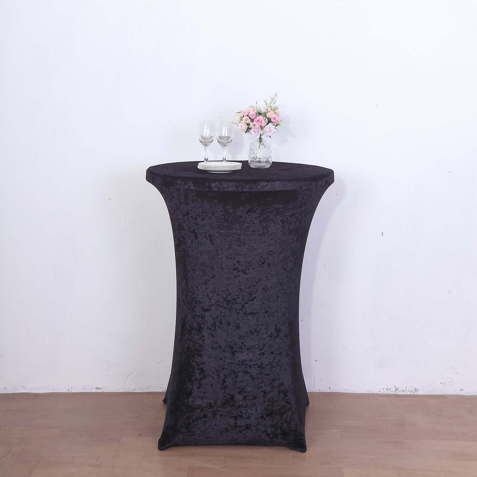 Crushed Velvet Spandex 32" Round Cocktail Table Cover Black Smooth Highboy Tablecloth