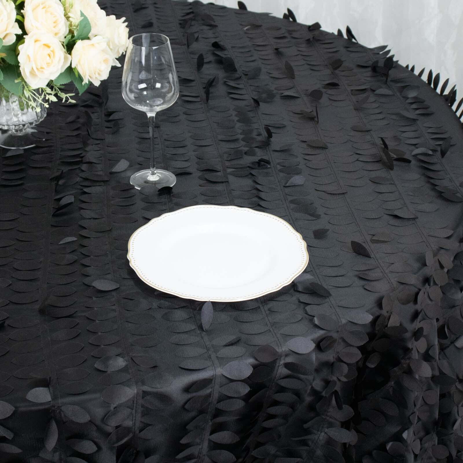Taffeta 132" Round Tablecloth Black 3D | 3D Leaf Petal Design Seamless Table Cover