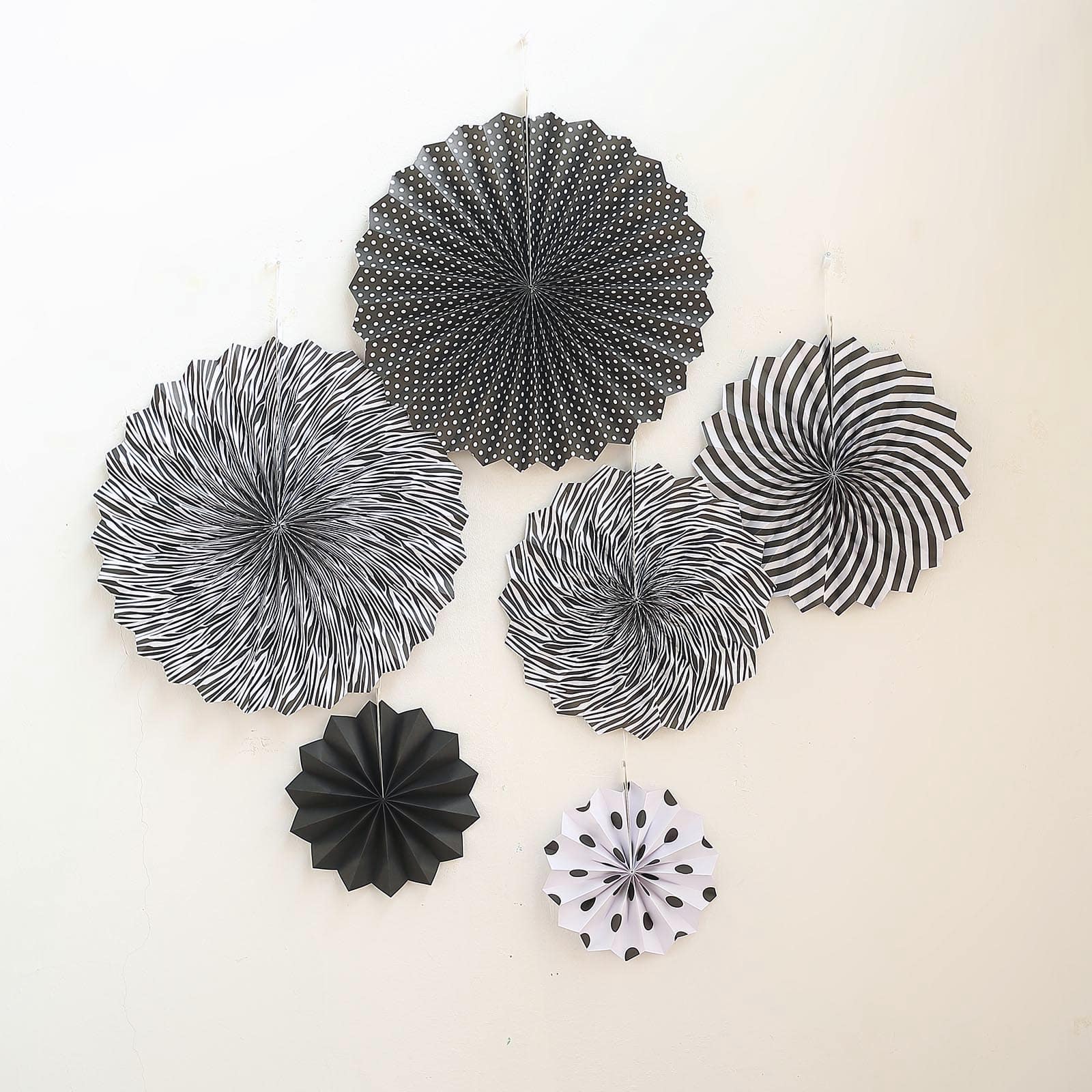 Set of 6 Black White Hanging Paper Fan Decorations, Pinwheel Wall Backdrop Party Kit - 8", 12", 16"