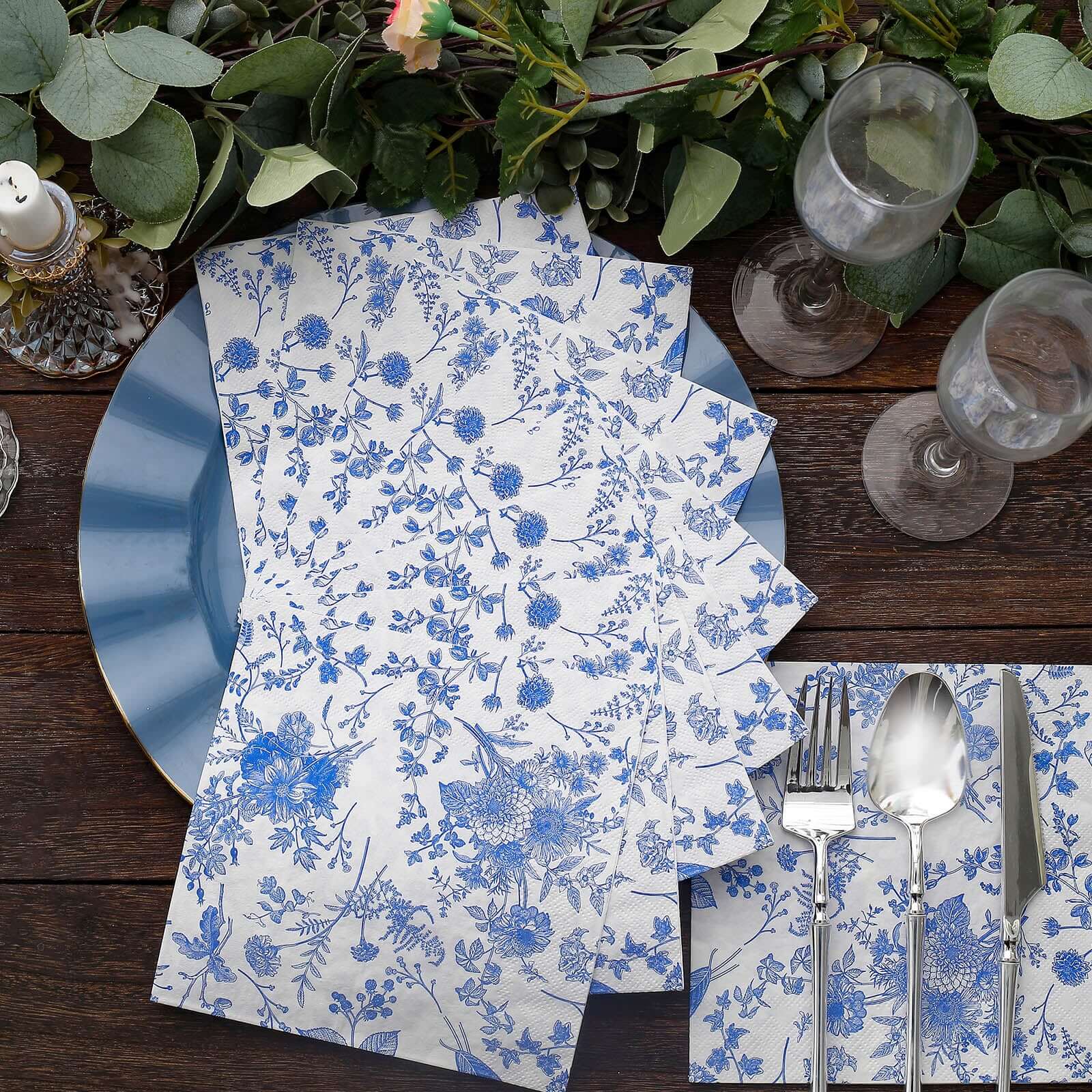 20-Pack Paper Cocktail Napkins with French Toile Print White/Blue - Disposable 2 Ply Beverage Napkins for Events 5"x5"