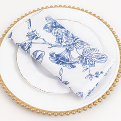 5 Pack Polyester 20"x20" Dinner Napkins White with Blue French Toile Pattern - Reusable Floral Cloth Napkins