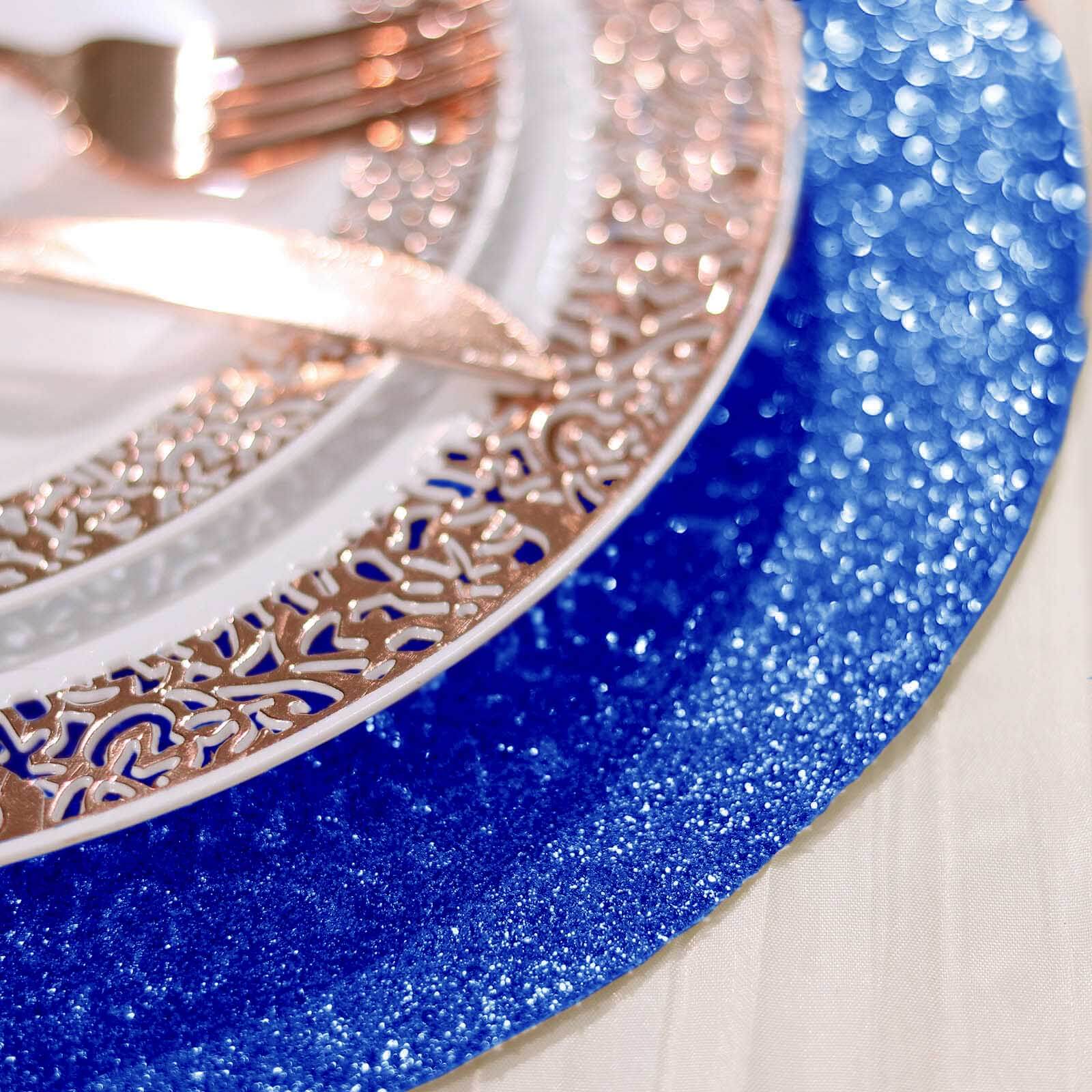 6-Pack Placemats Glitter Design Royal Blue Sparkle Round - Non-Slip Decorative Dining Table Mats 13"
