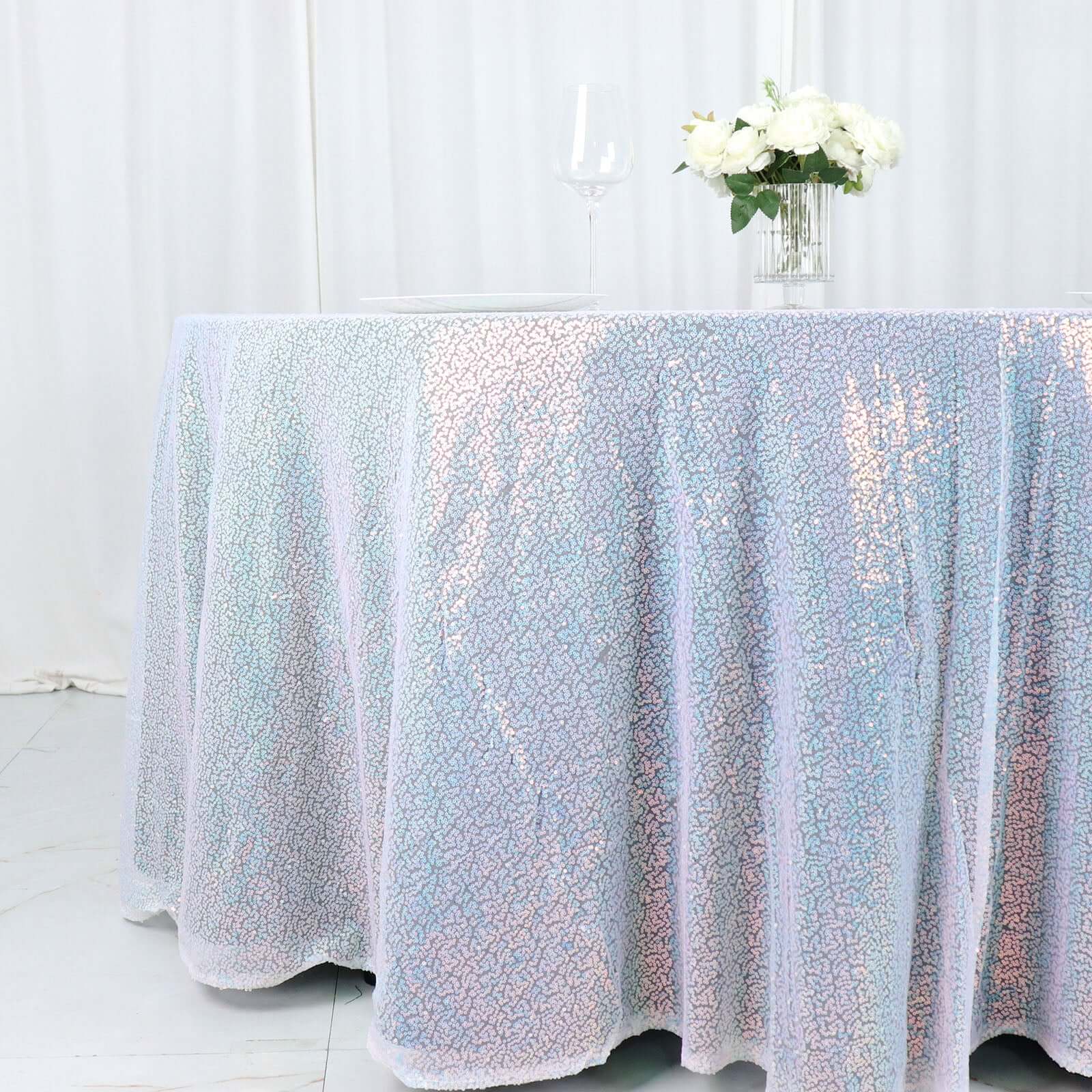 Sequin 132" Round Tablecloth Iridescent Blue - Seamless Dazzling Table Cover