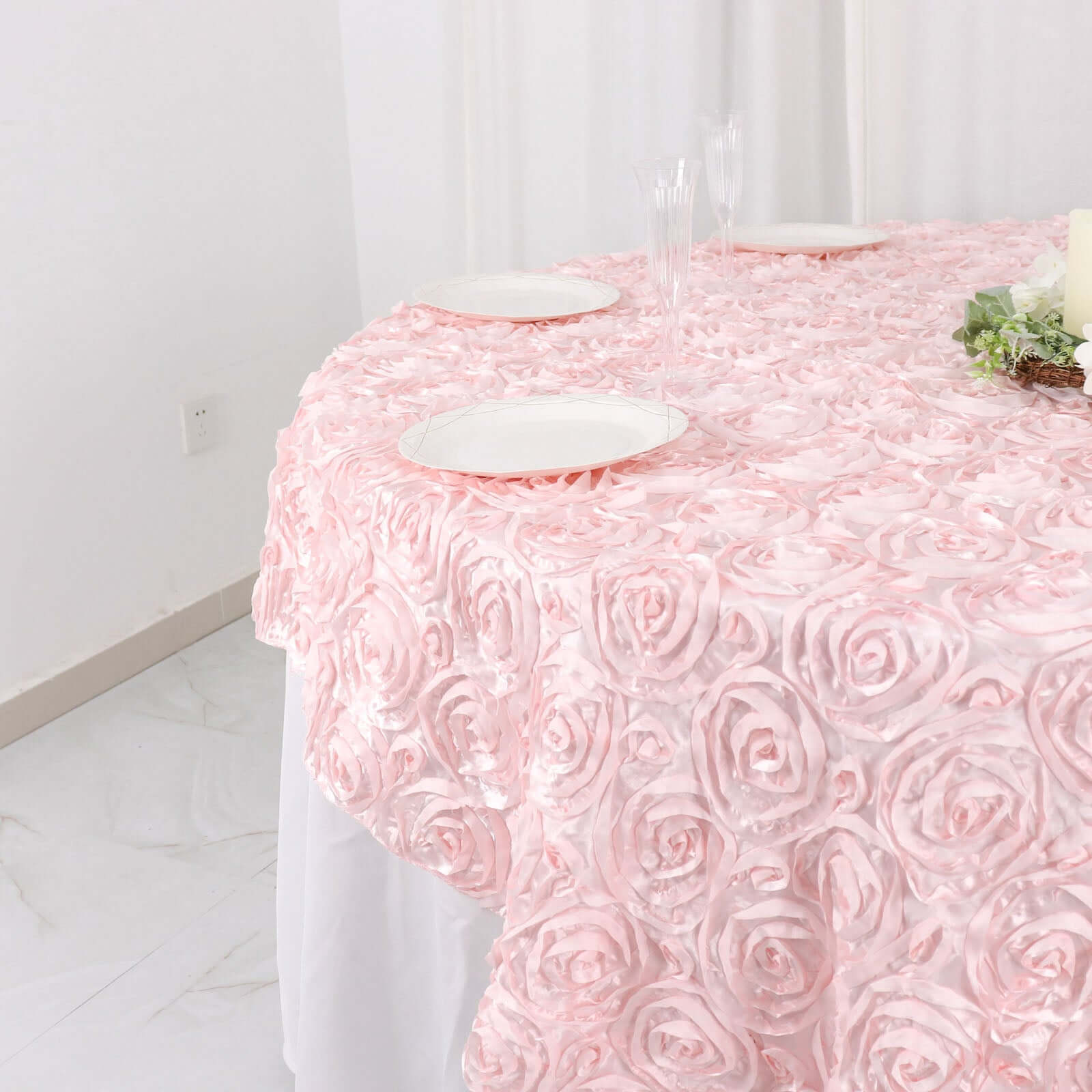 Satin 72"x72" Table Overlay Square Tablecloth Blush - 3D Rosette Table Cover