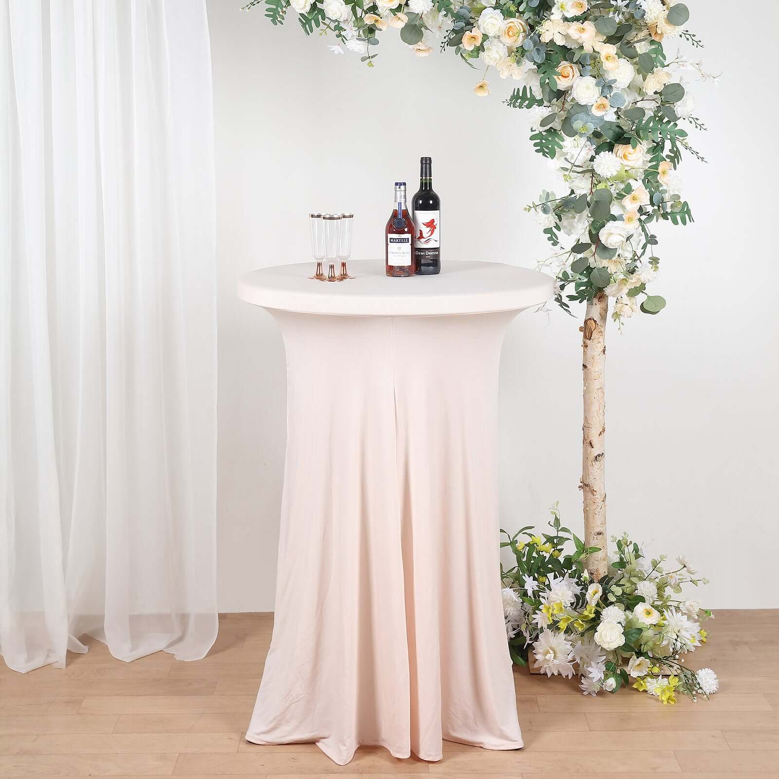 Spandex 32" Round Cocktail Table Cover Skirt Blush With Natural Wavy Drapes