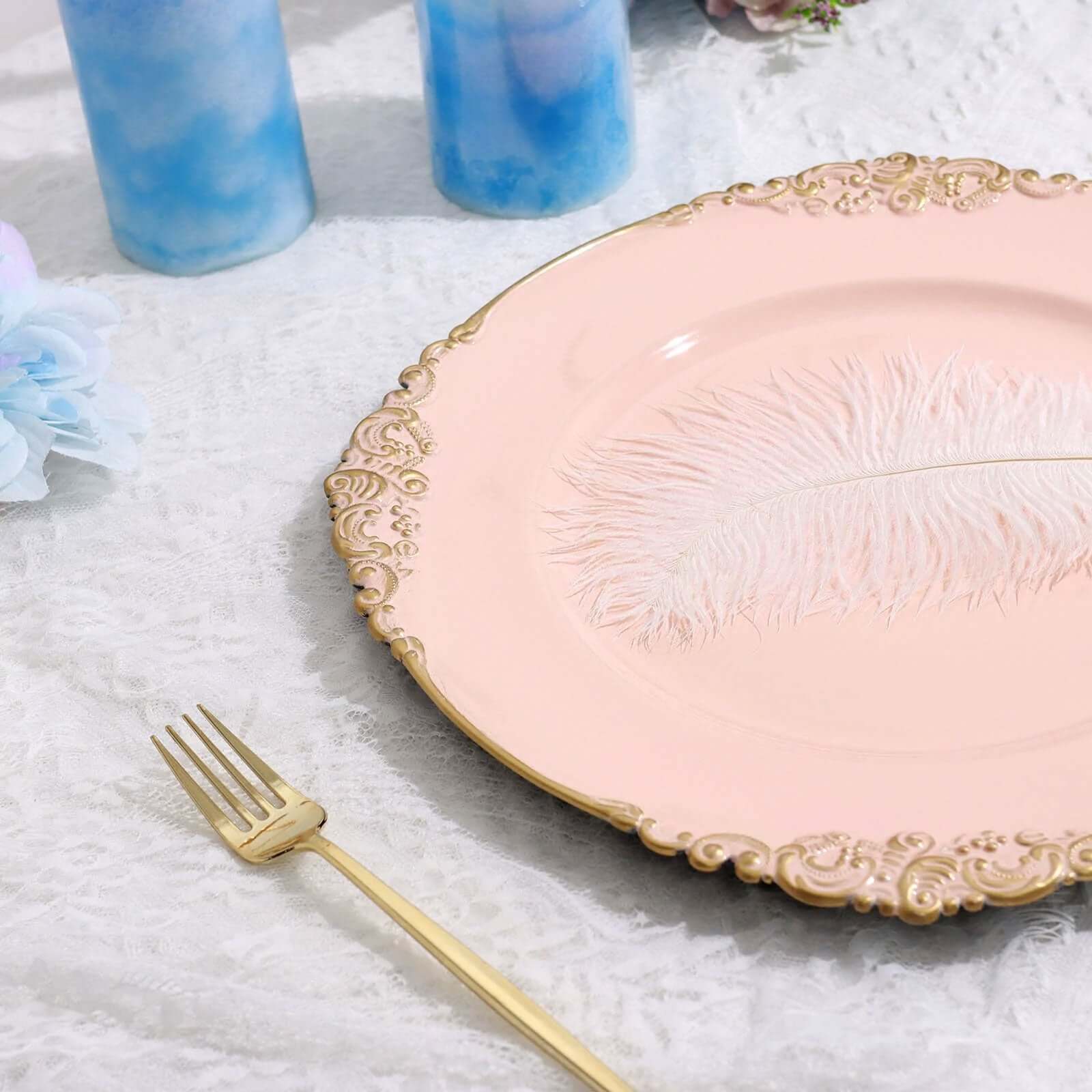 6-Pack Acrylic Round Charger Plates 13" in Blush with Gold Embossed Baroque Rim, Antique Decorative Dinner Party Charger Tableware