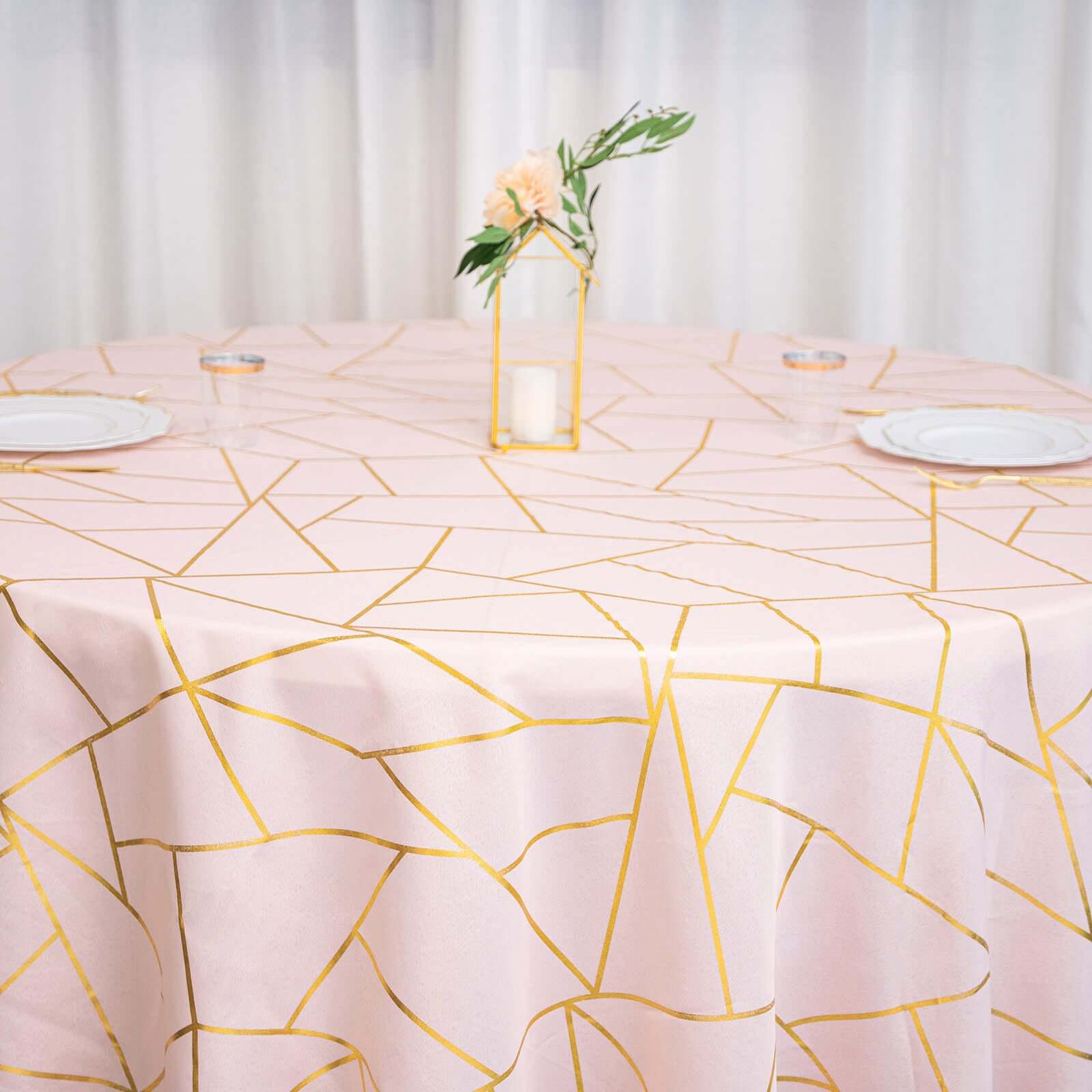 Polyester 120" Round Tablecloth Blush with Gold Foil Geometric Pattern Wrinkle-Resistant Seamless Table Cover