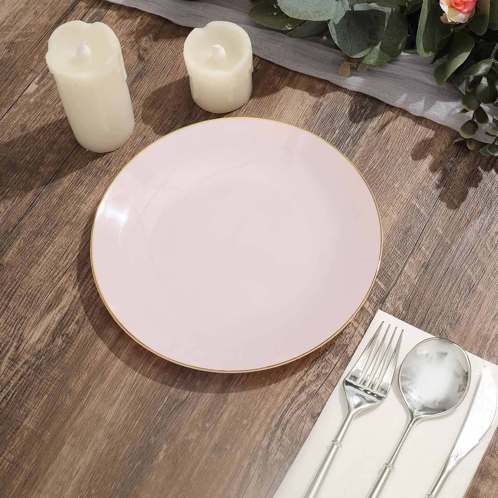10-Pack Plastic 8" Round Dessert Plates in Blush with Gold Rim - Glossy Disposable Appetizer Salad Plates