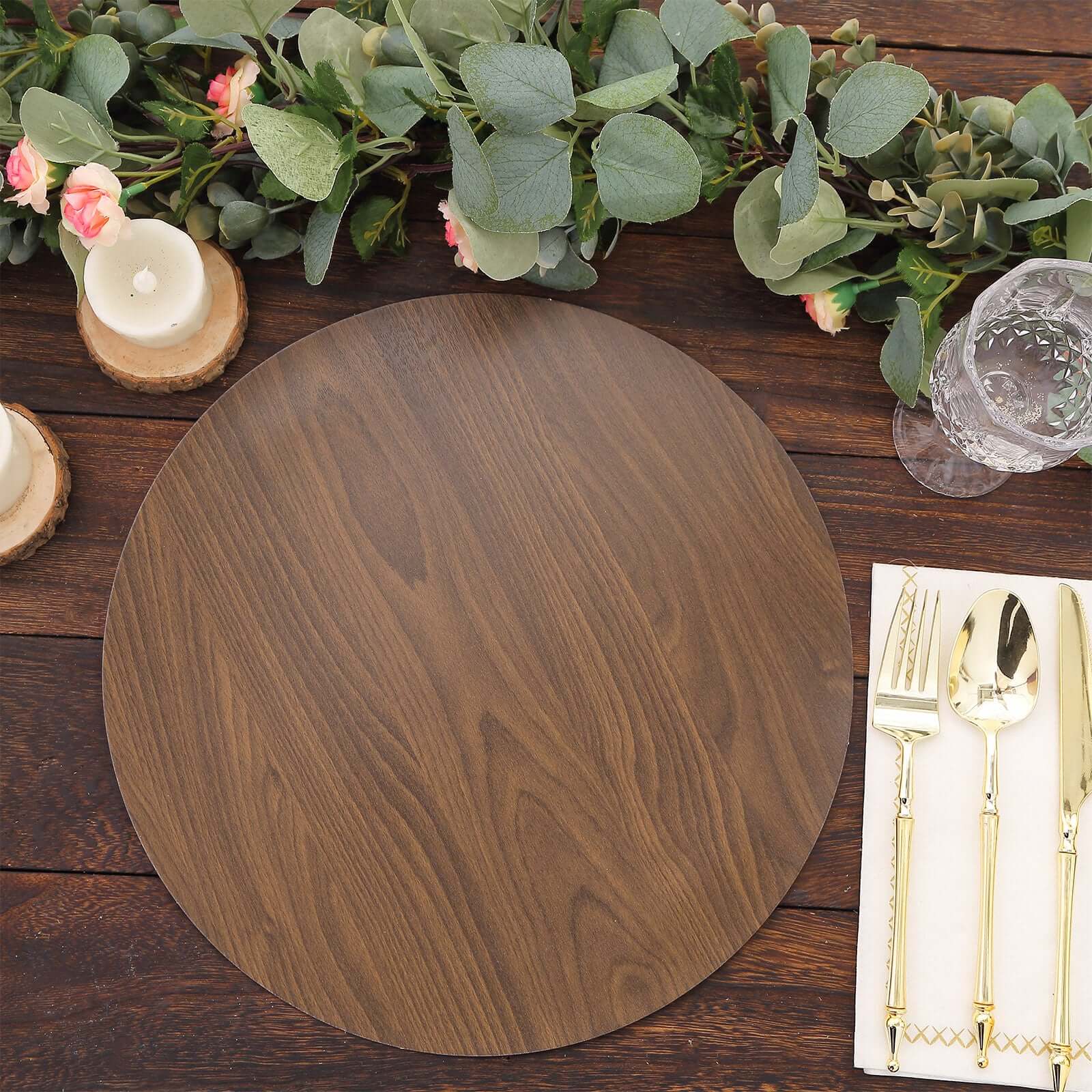 6-Pack Disposable Table Placemats in Brown with Walnut Wood Design - Cardboard Placemats for Rustic & Farmhouse Themes 13"