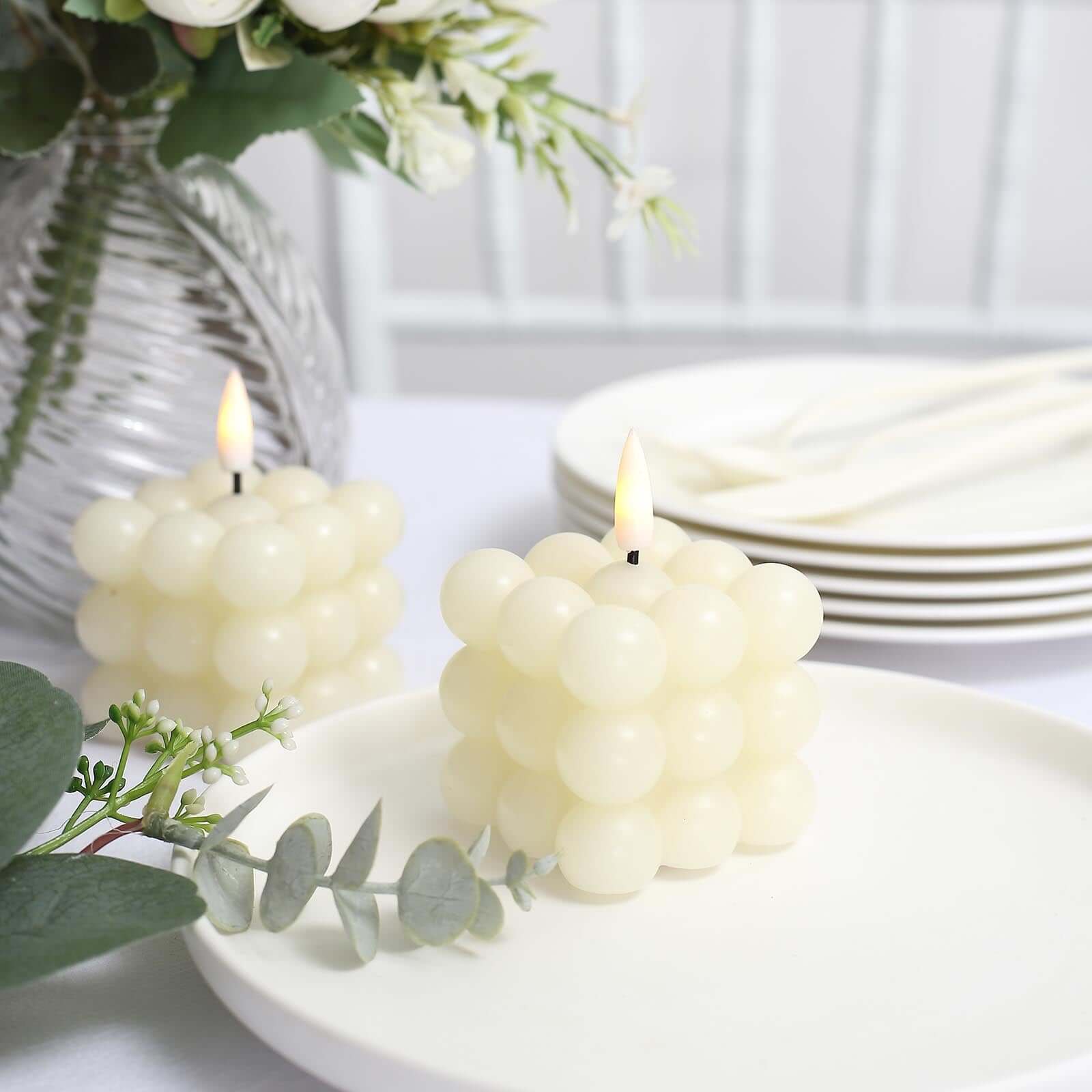 2-Pack LED Flameless Cube Candles Flickering Warm White Ivory - Battery Operated Bubble Design 2"
