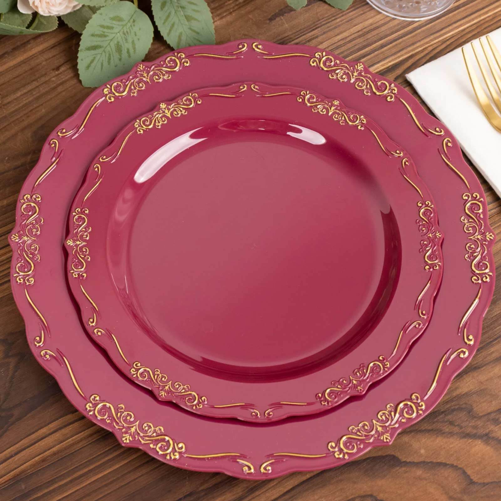 10-Pack Plastic 7" Round Dessert Plates in Burgundy with Gold Vintage Embossed Rim - Sturdy Disposable Scalloped Edge Salad Plates