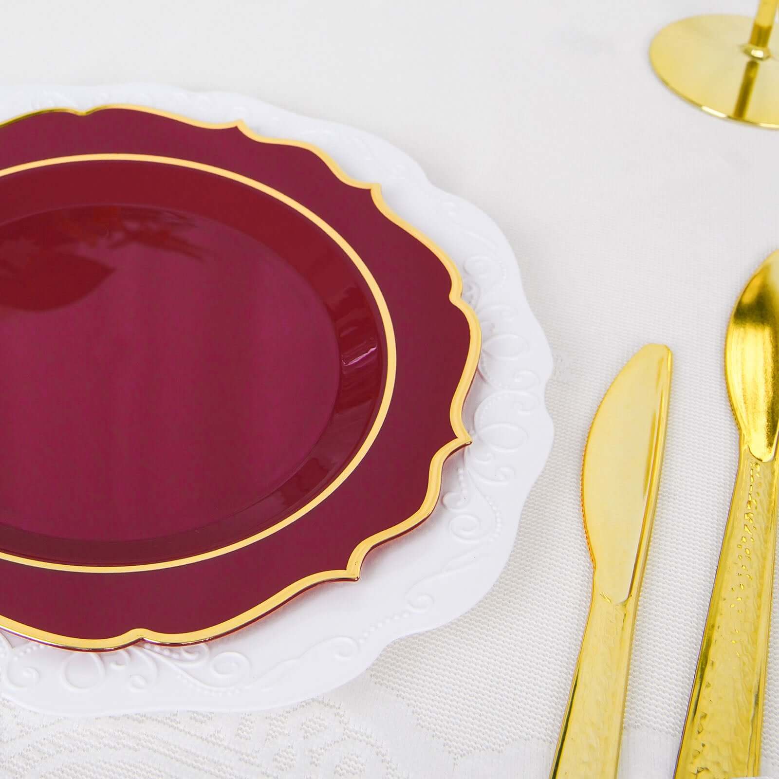 10-Pack Plastic 8" Round Desert Plates in Burgundy with Gold Scalloped Rim - Disposable Appetizer/Salad Plates