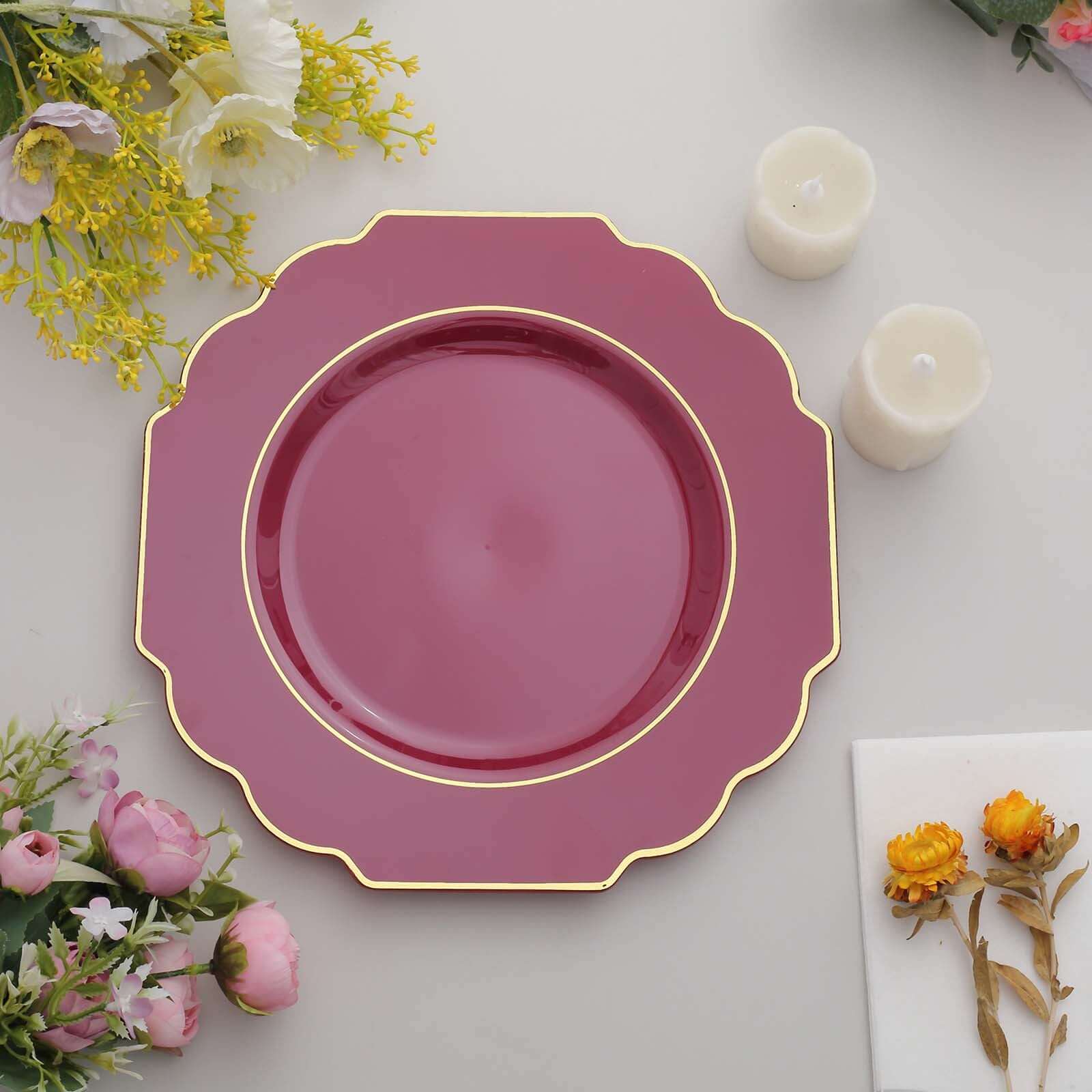10-Pack Plastic Dinner Plates in Burgundy Baroque Design with Scalloped Gold Rim - Heavy Duty Disposable Party Plates 11"